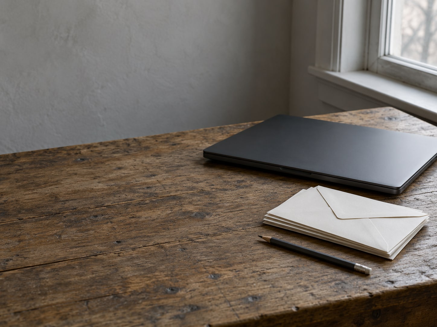 A closed laptop beside a small stack of unopened envelopes and a pencil on a worn wooden desk.