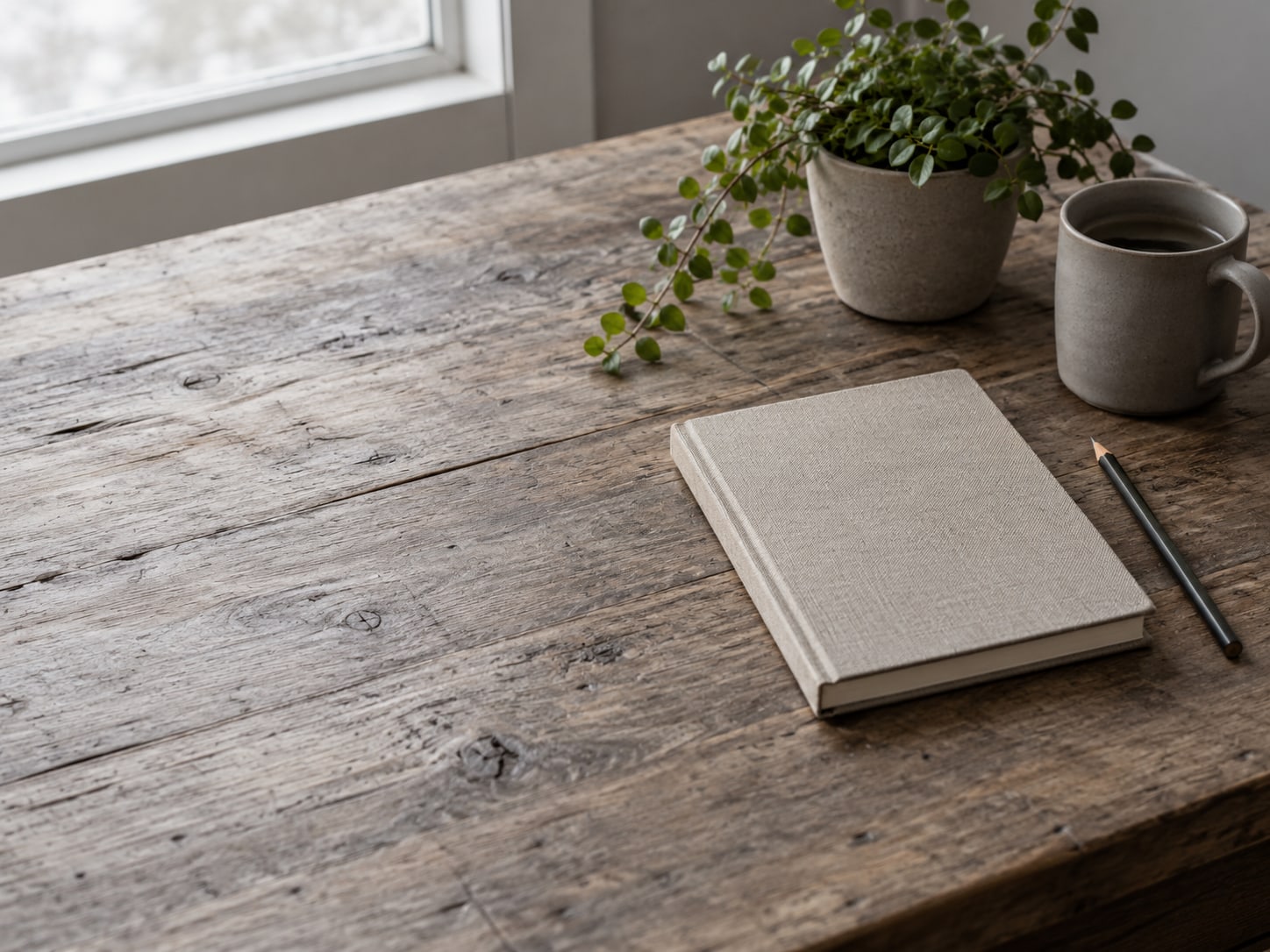 A tidy desk with a closed notebook, a pencil and a small plant beside a mug, soft morning light across the surface.