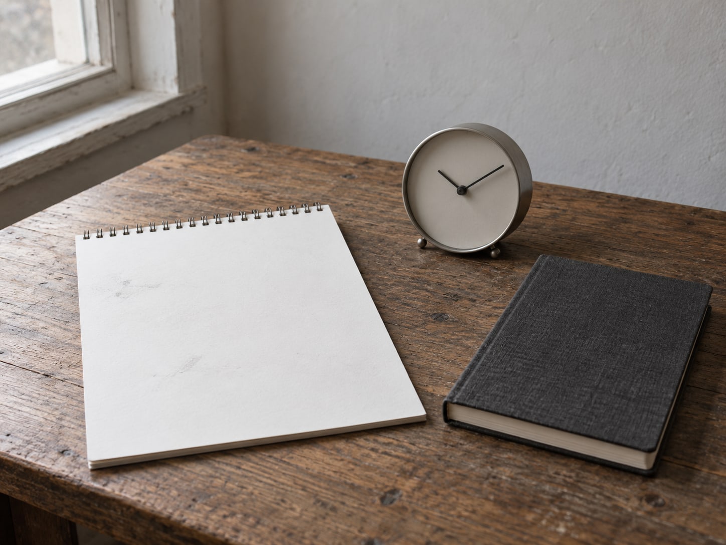 Una página de calendario de papel con unas marcas de lápiz ilegibles, un pequeño reloj y un cuaderno cerrado sobre un escritorio.
