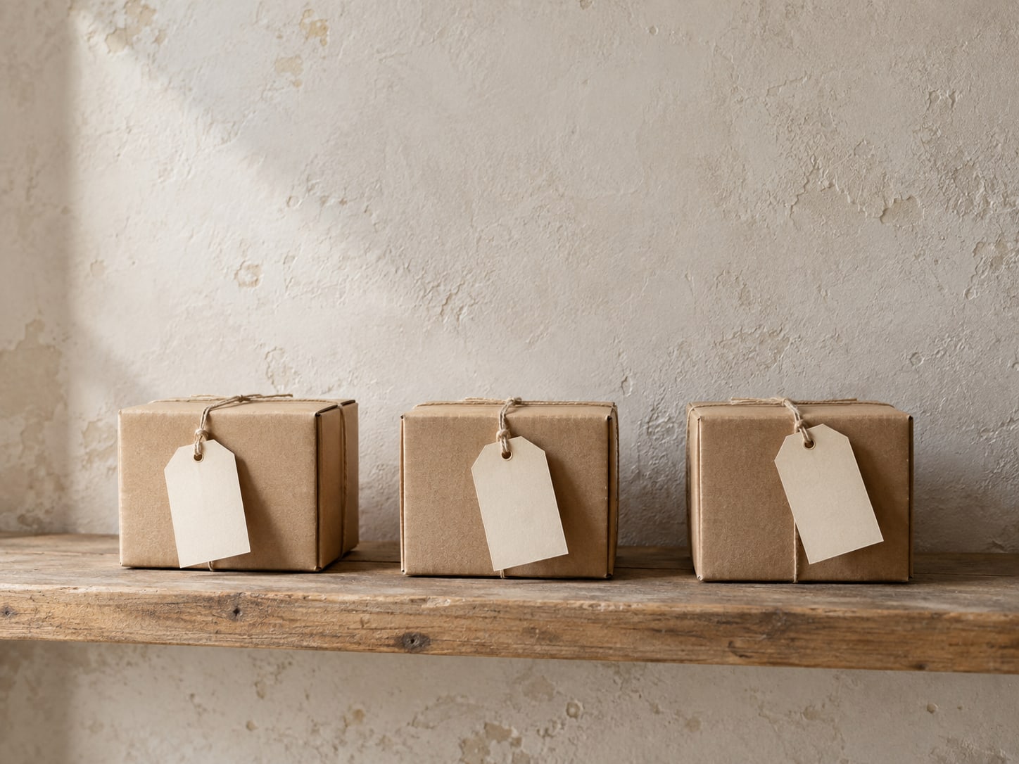 Tres cajas de cartón pequeñas en fila sobre un estante, cada una con una etiqueta de papel en blanco atada.