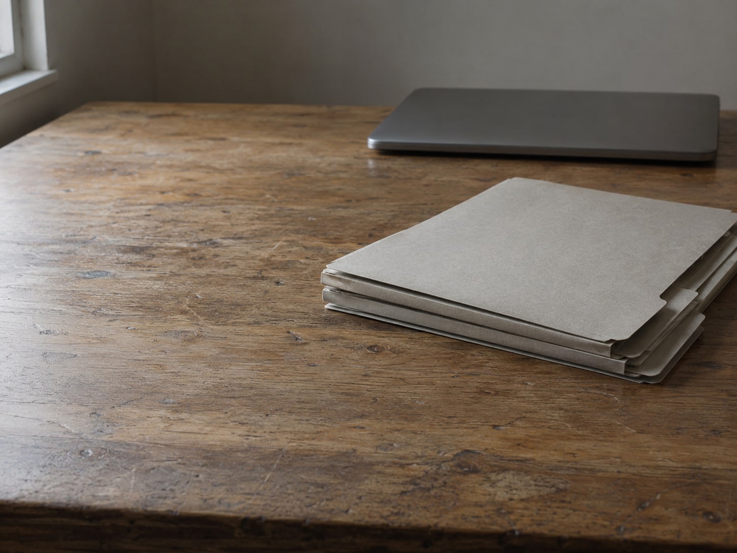 A tidy stack of three plain folders squared on a wooden desk, with a closed laptop resting behind them.