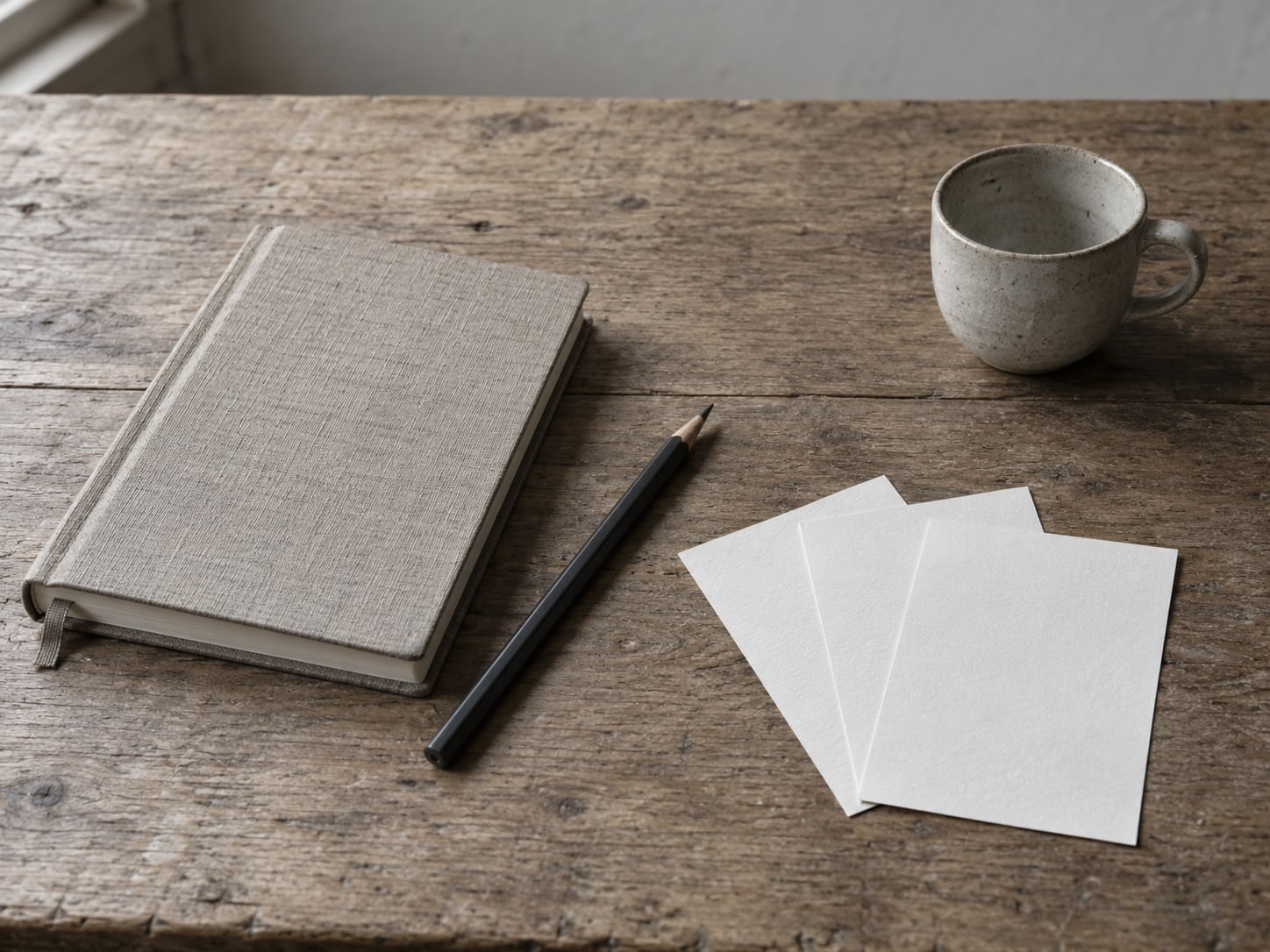 A closed notebook, a pencil and three blank paper slips fanned out on a wooden desk beside a small empty coffee cup.