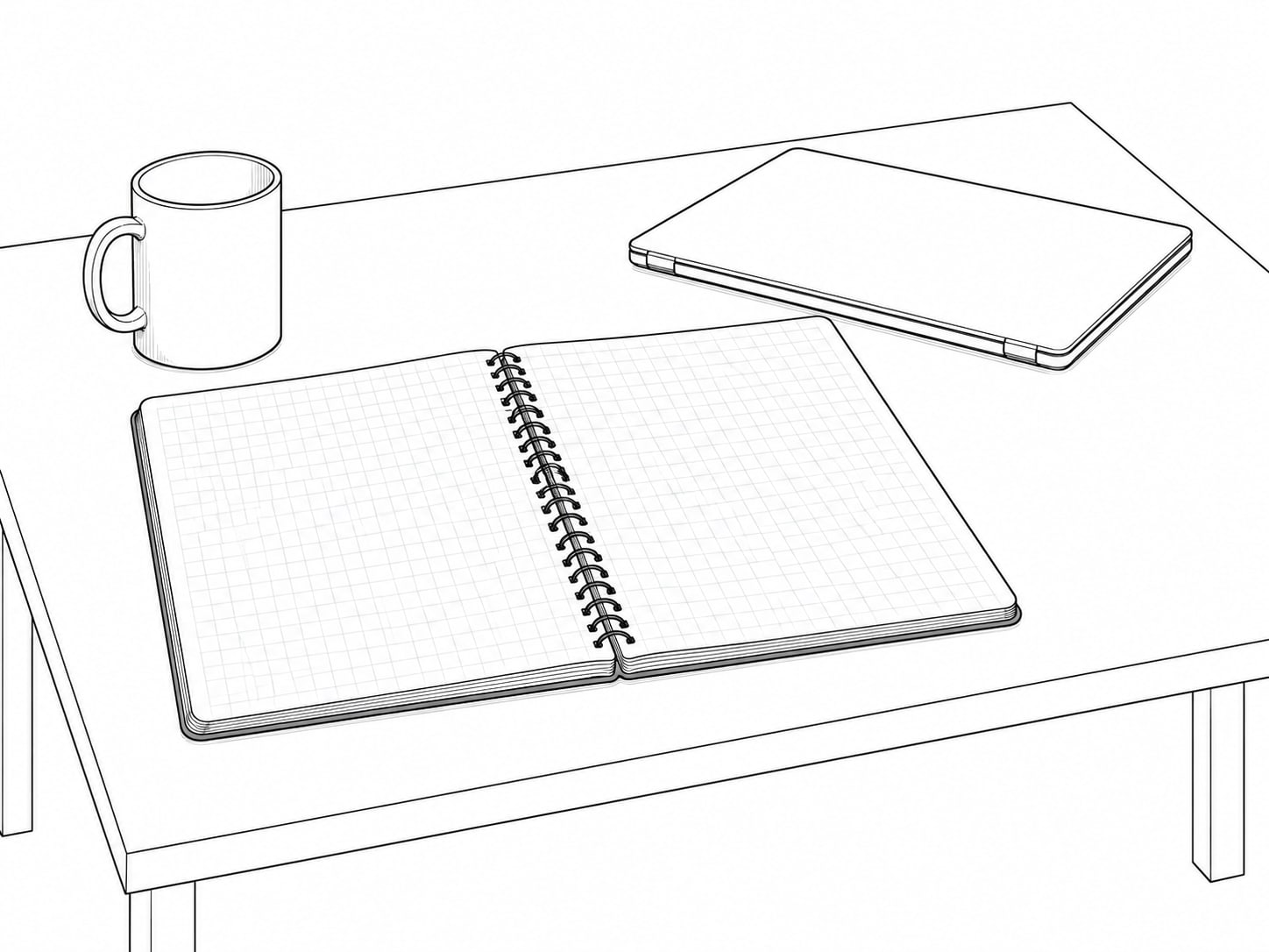 An open spiral notebook with faint pencil gridlines lying beside a closed laptop and a plain mug on a table.