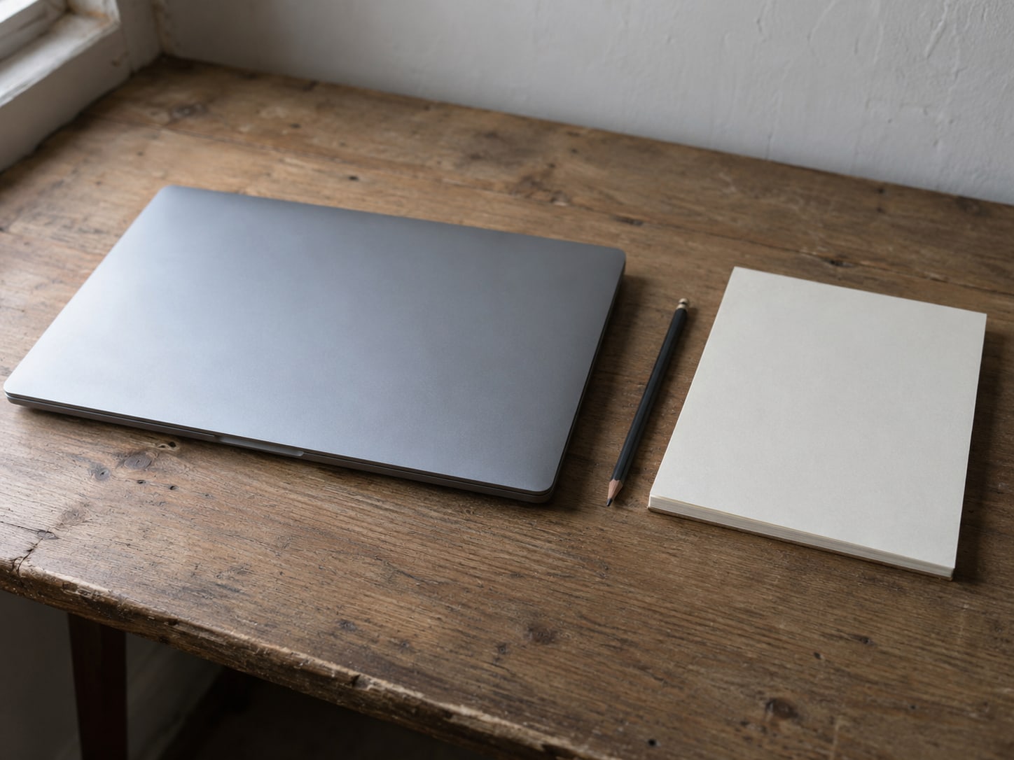 A closed laptop beside a pencil and a blank notepad on a wooden desk.