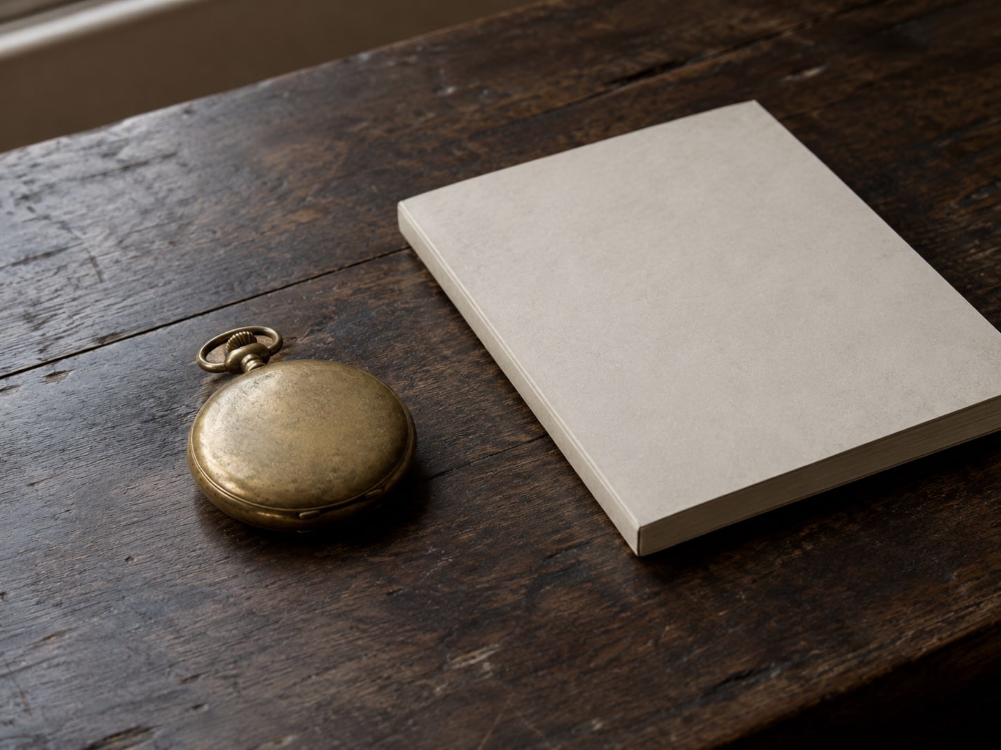 A brass pocket watch lying beside a closed paper calendar on a dark table.