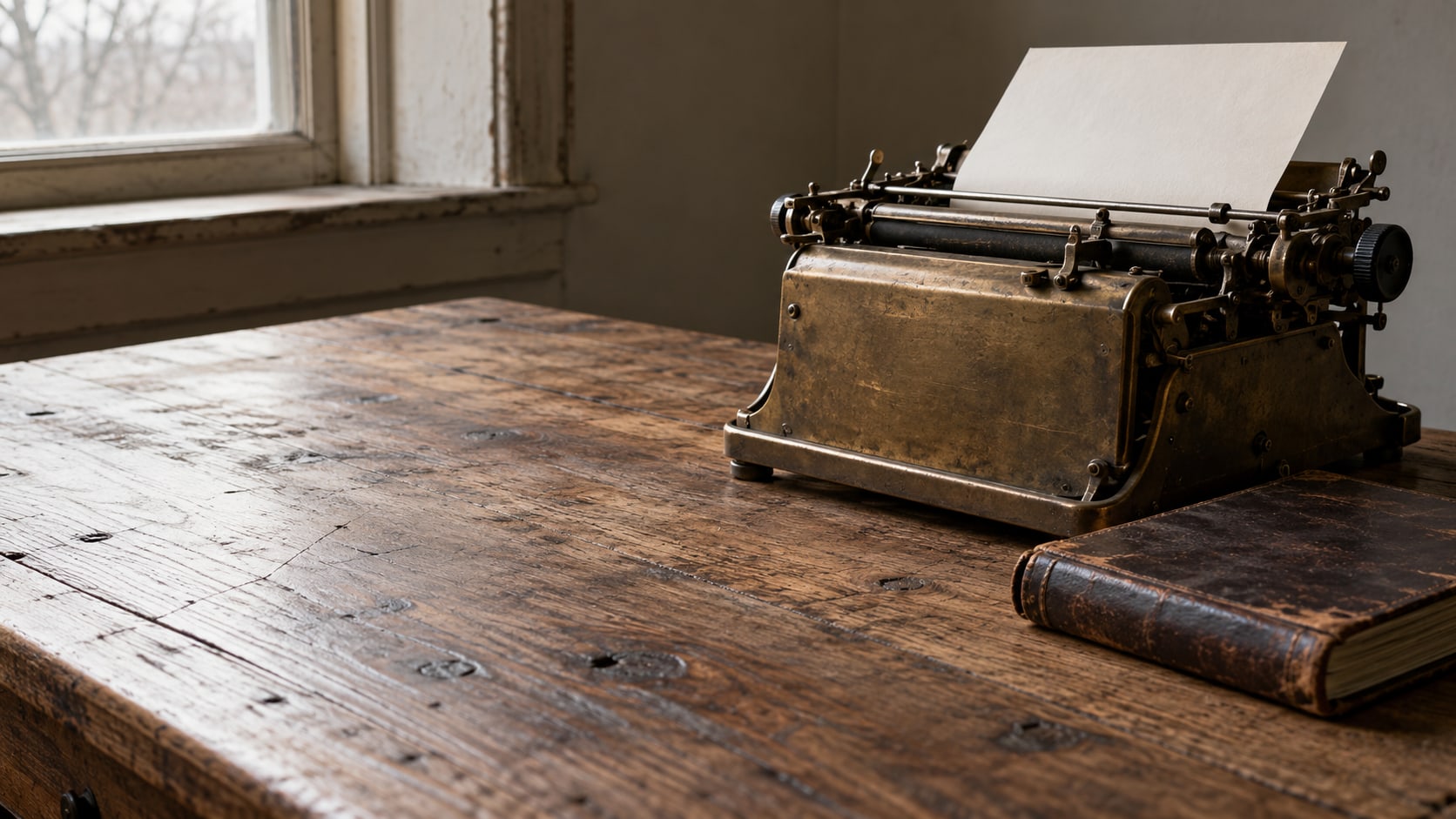 Una máquina de escribir antigua de latón con una hoja en blanco insertada, junto a una libreta de piel cerrada sobre un escritorio de madera.