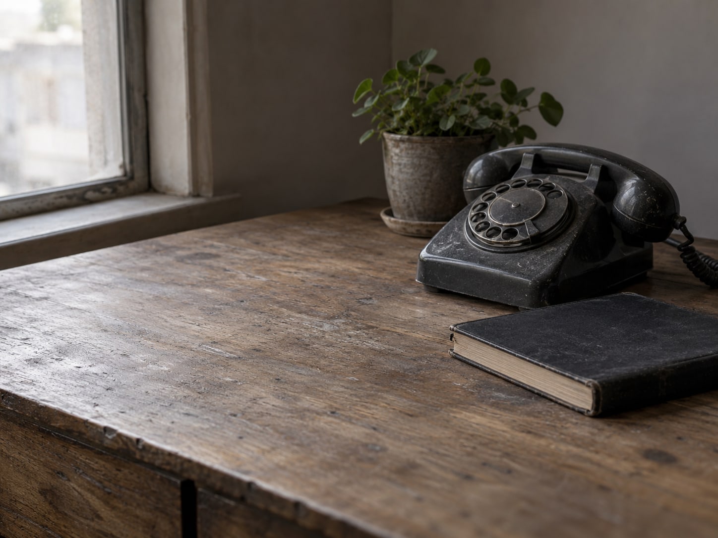 Un teléfono de disco y una libreta de direcciones cerrada sobre un mostrador de madera junto a una pequeña planta en maceta.