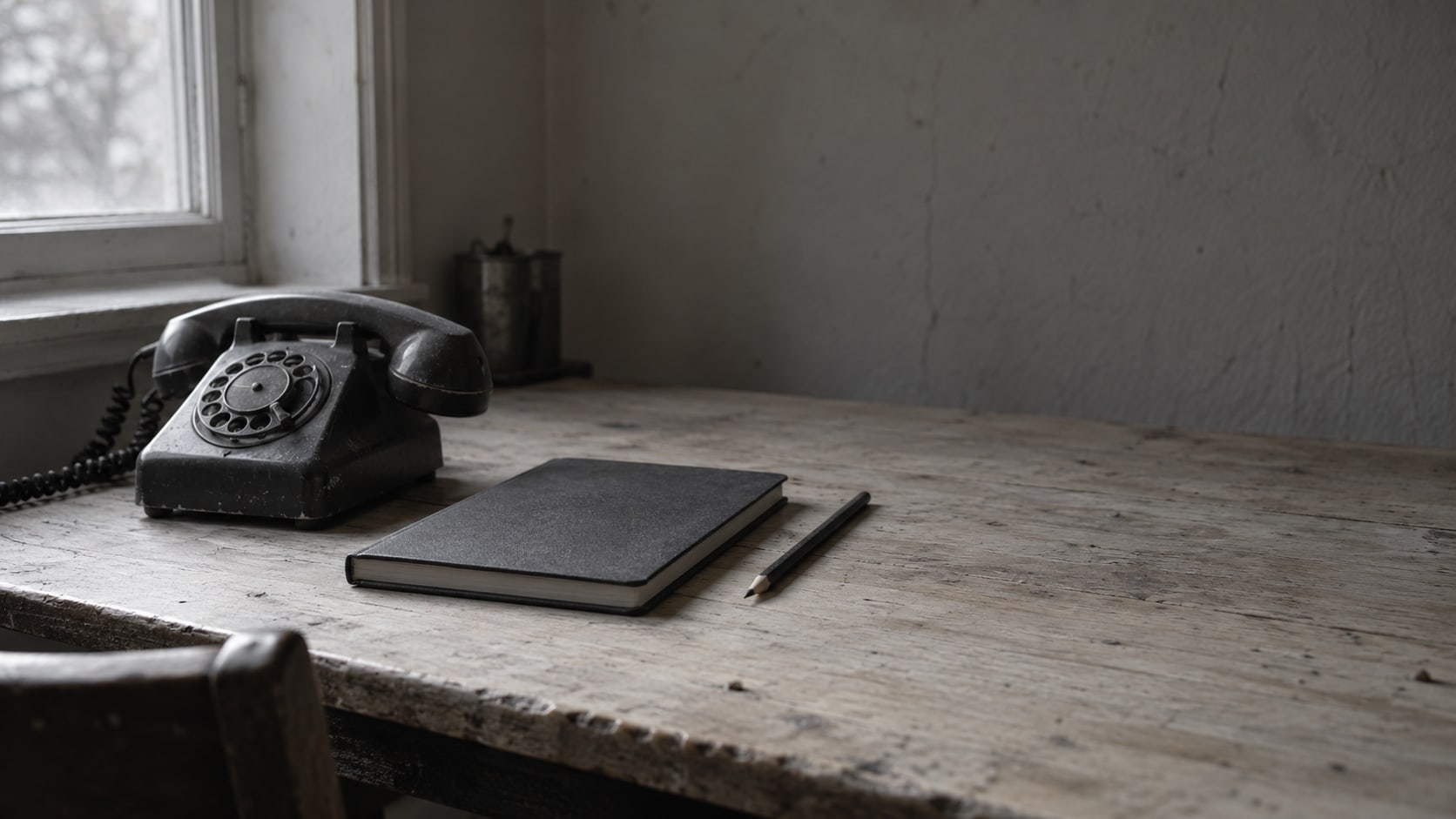 Un cuaderno cerrado y un lápiz junto a un teléfono de escritorio antiguo sobre un escritorio de madera gastada.