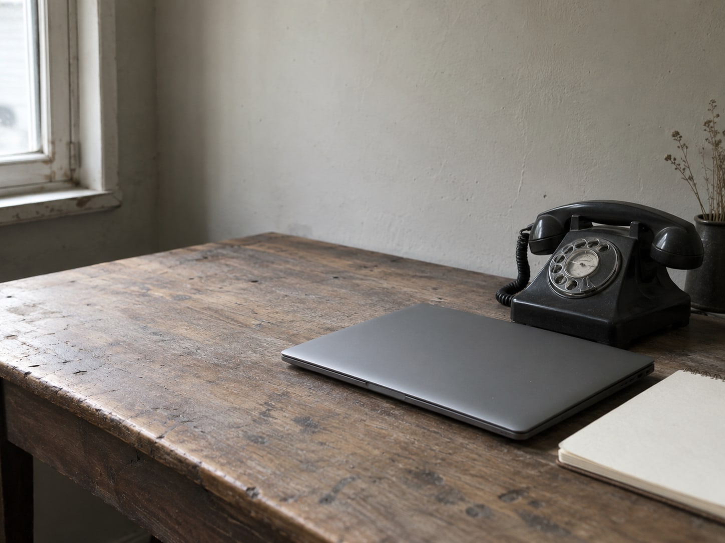 Una laptop cerrada junto a un teléfono de escritorio antiguo y un bloc de notas en blanco sobre un escritorio de madera gastada.