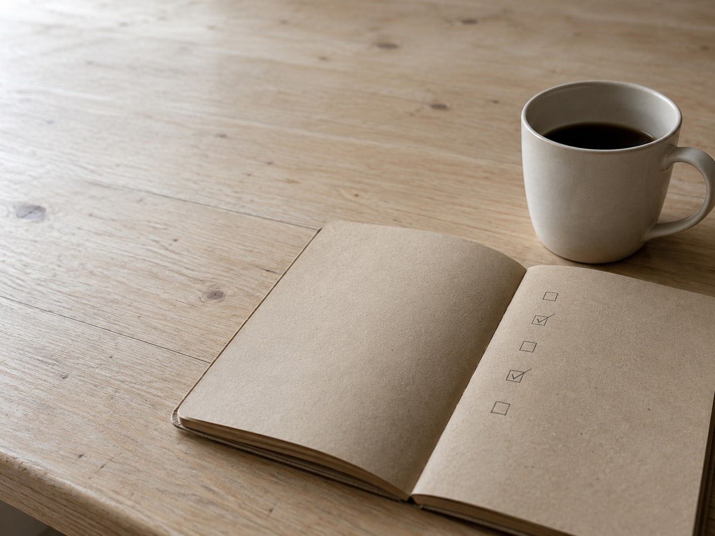 Una libreta con una lista de verificación marcada con lápiz, junto a una taza sobre una mesa de cocina limpia.