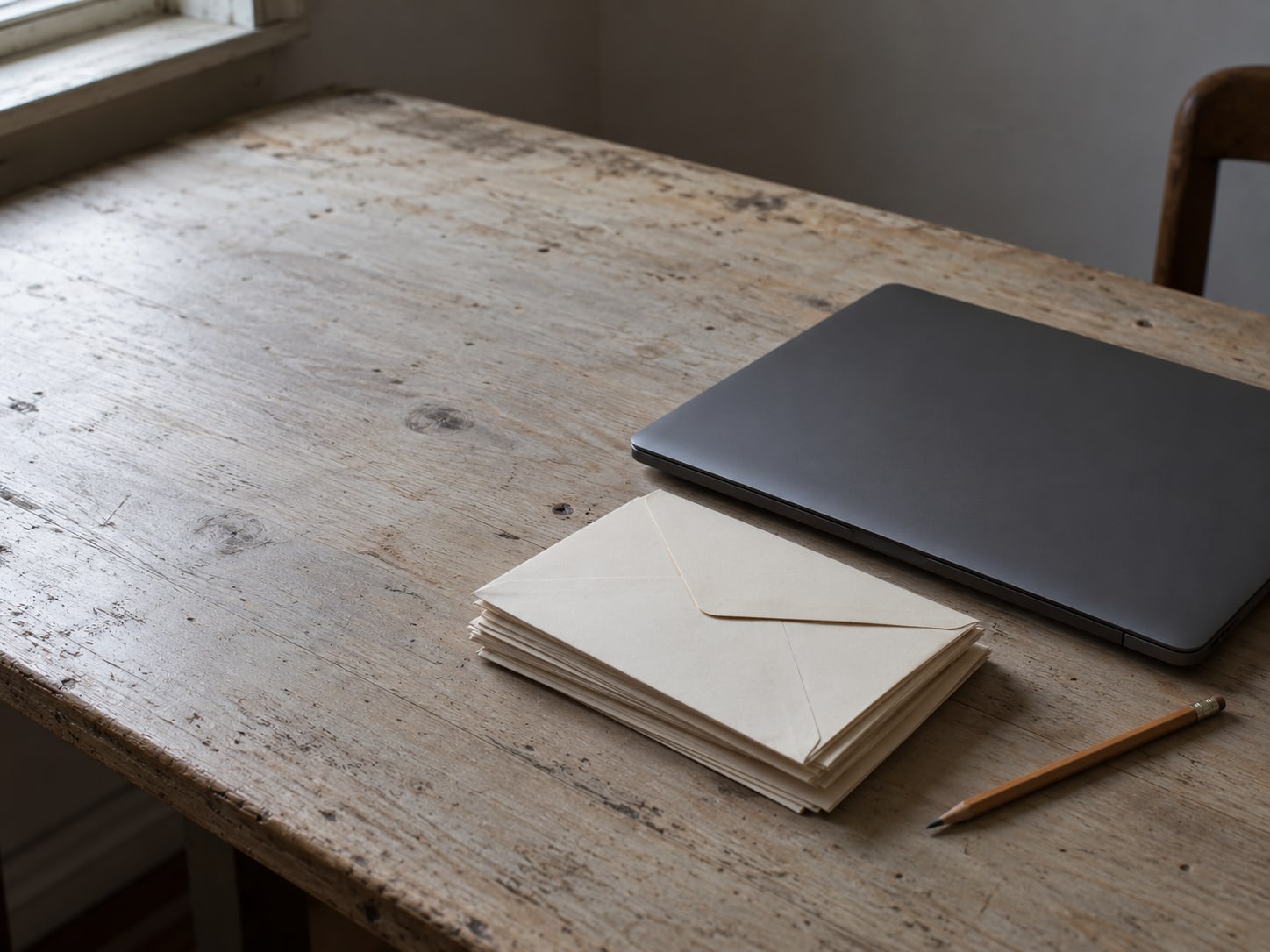 Una laptop cerrada junto a una pila de sobres sellados y un lápiz sobre un escritorio de madera gastado.