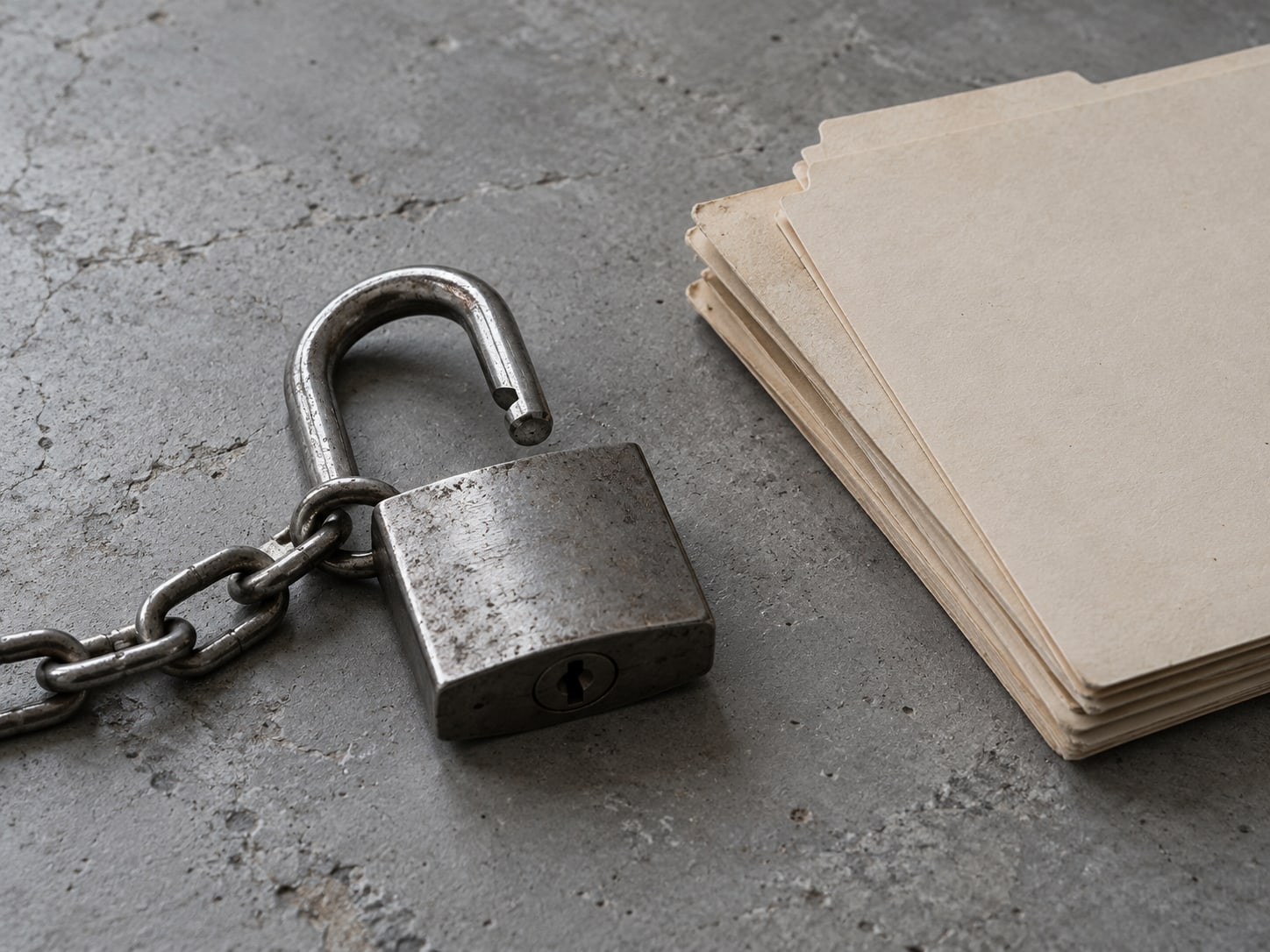 A single open padlock on a short chain beside a stack of blank file folders on a grey surface.