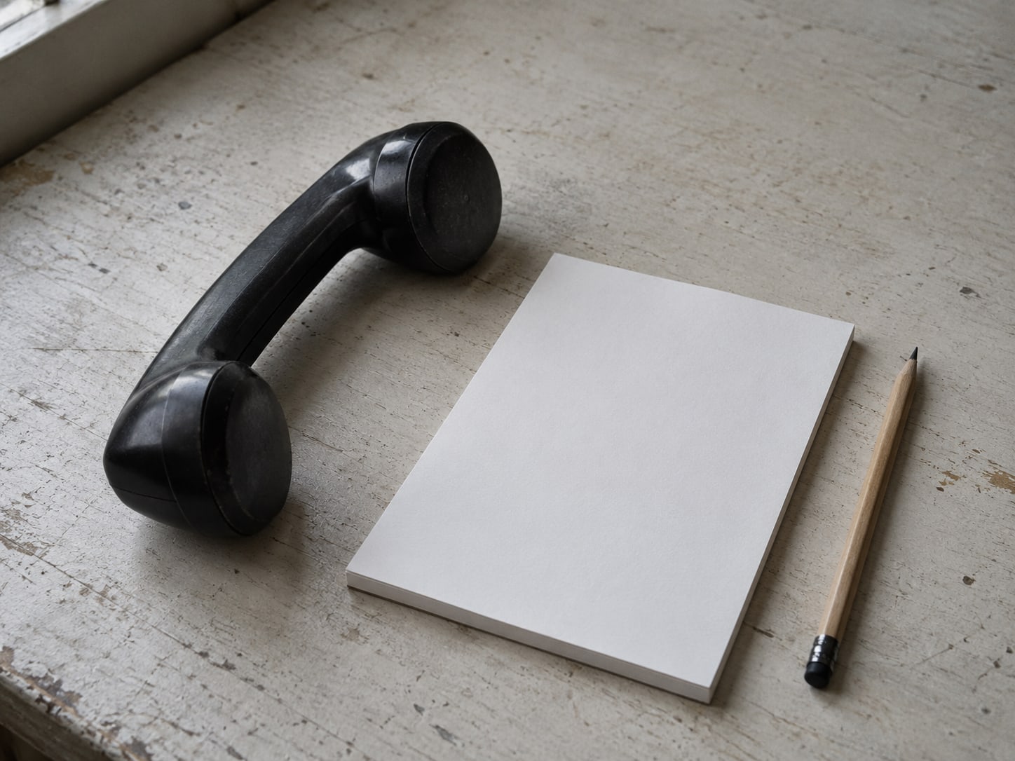 A closed black telephone handset beside a blank notepad and a pencil on a plain table.