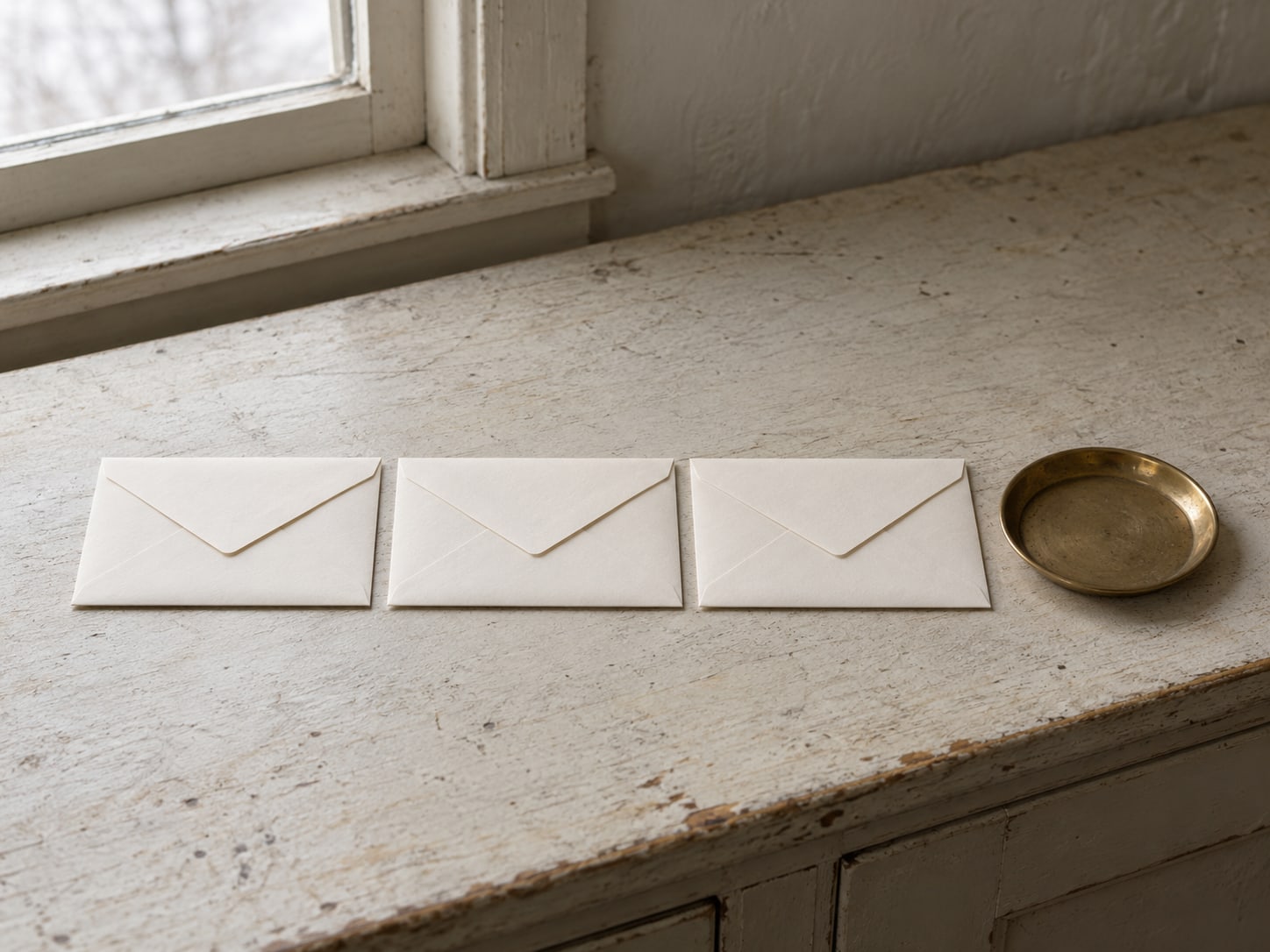 Three sealed envelopes lined up on a counter beside a small brass tray.