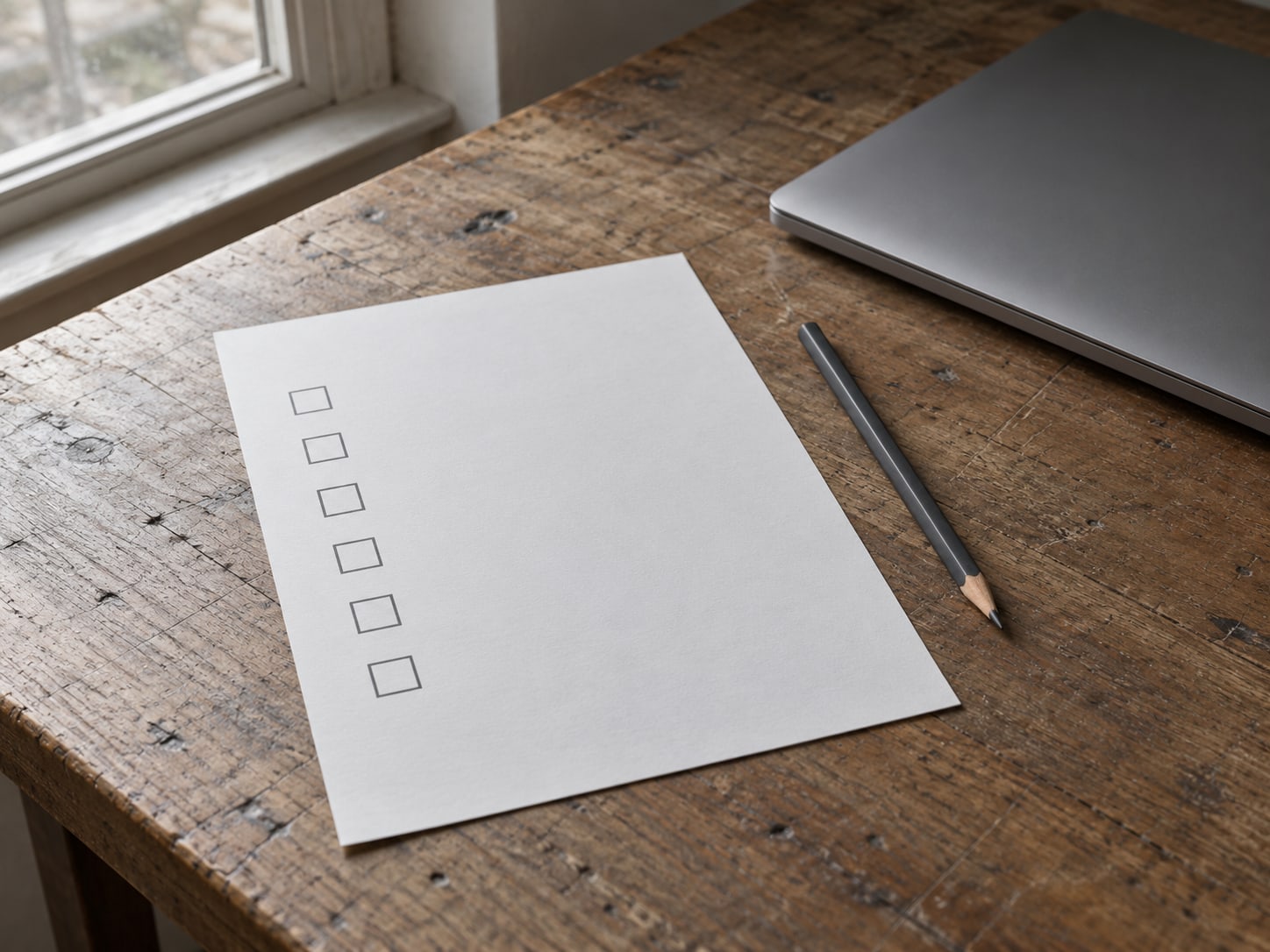 A blank paper checklist with empty boxes beside a pencil and a closed laptop on a wooden desk.