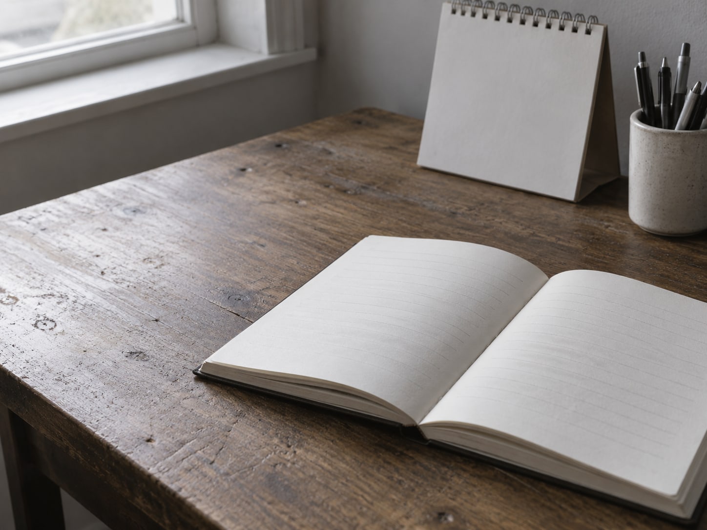 An open notebook with a few faint pencil lines beside a plain desk calendar and a cup of pens.