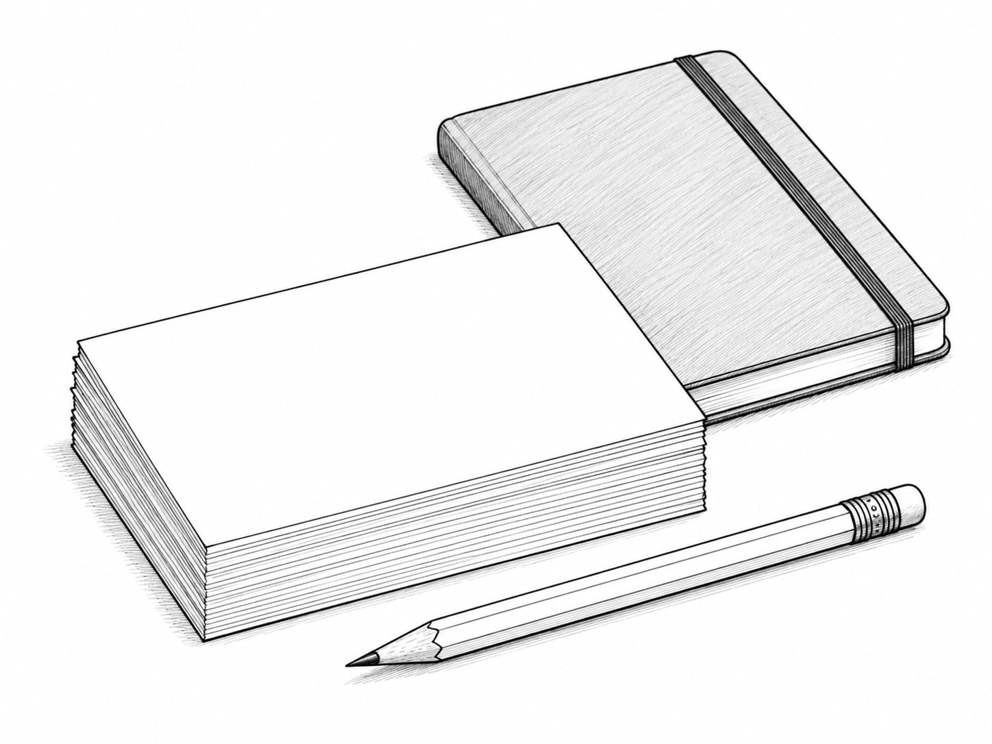 A still-life photograph of a small stack of blank index cards beside a pencil and a closed notebook on a wooden desk.