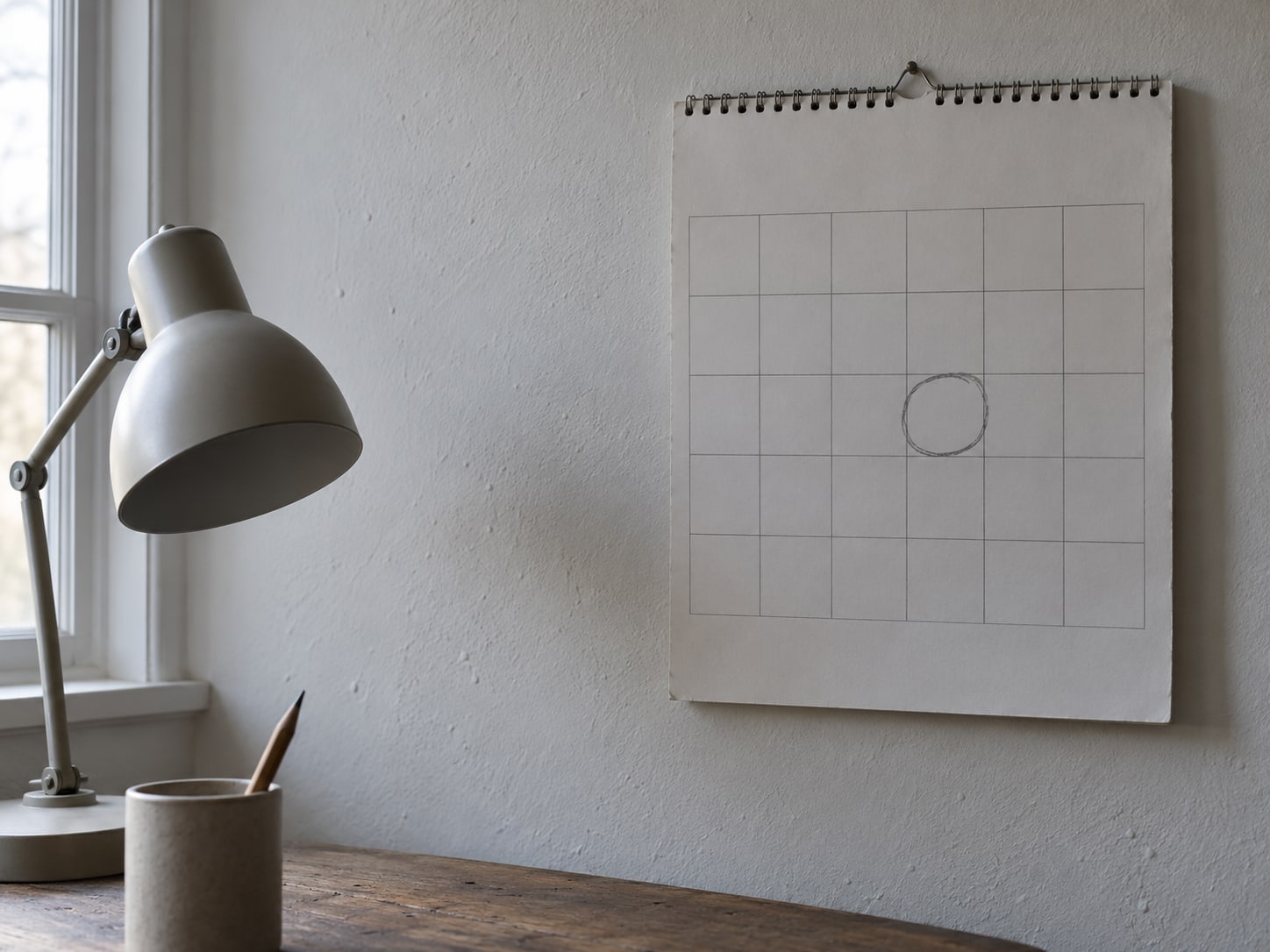 A wall calendar hanging beside a small desk lamp, with one date ringed in plain pencil and no readable writing.