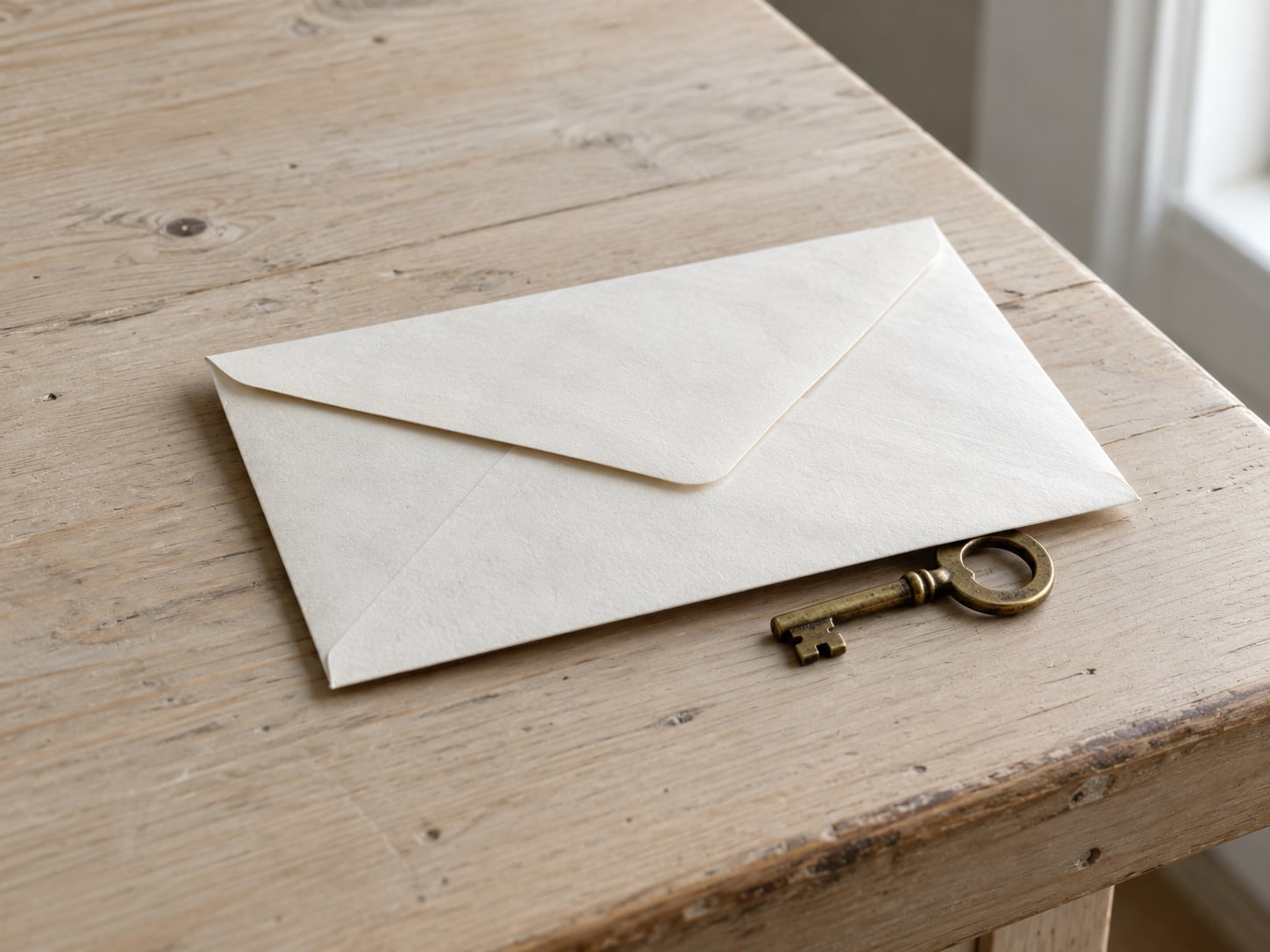 A sealed envelope resting on a small brass key on a plain table, with nothing written on it.