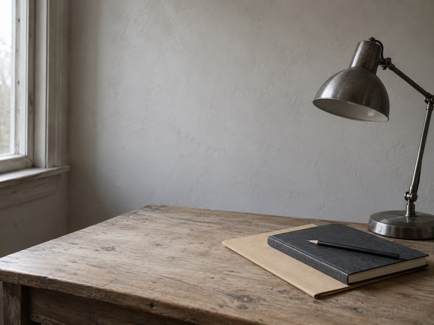 A manila folder and a closed notebook sitting beside a plain desk lamp, with a pencil laid across the cover.