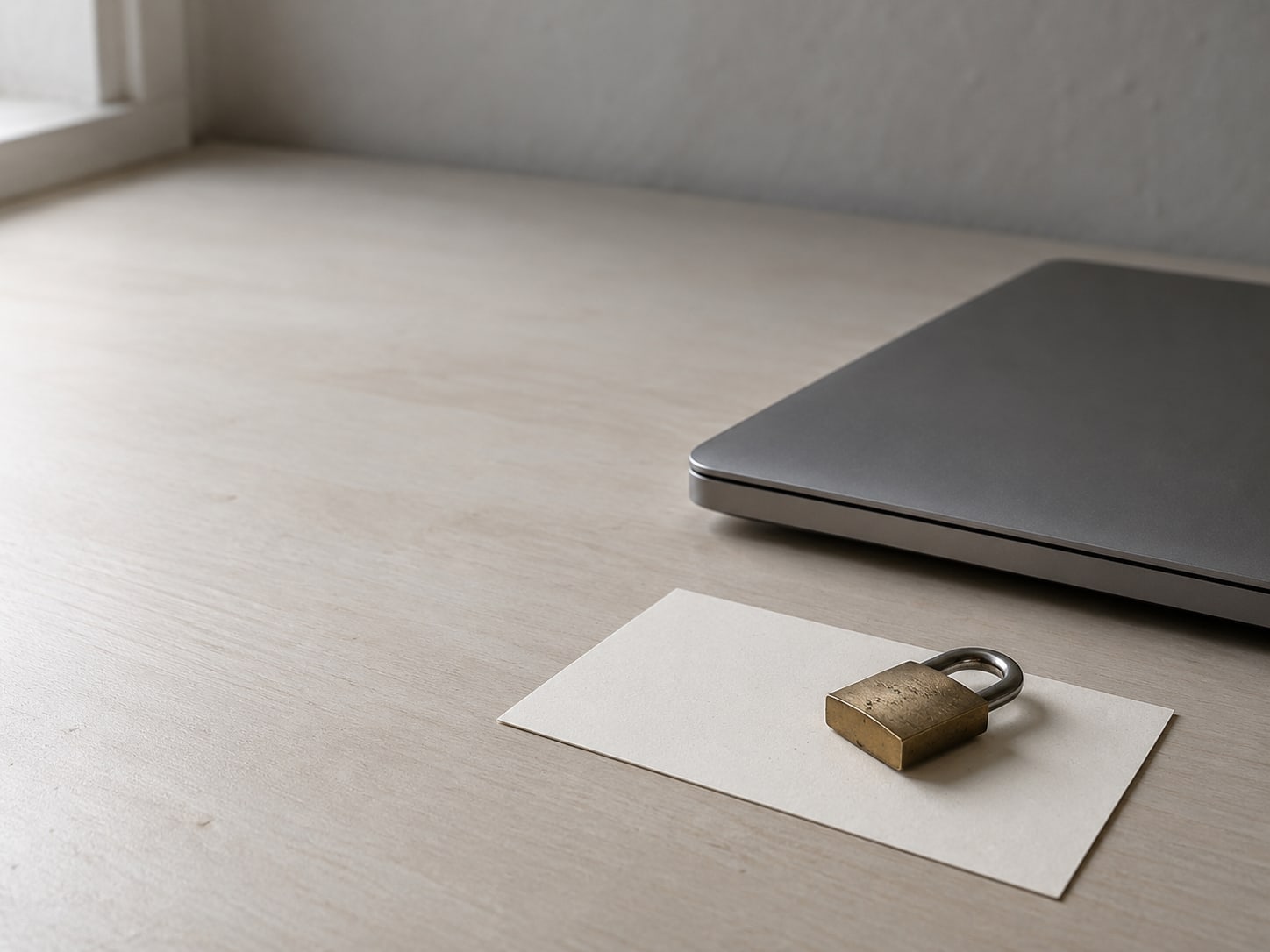 A small padlock resting on a blank index card next to a closed laptop on a clean desk.
