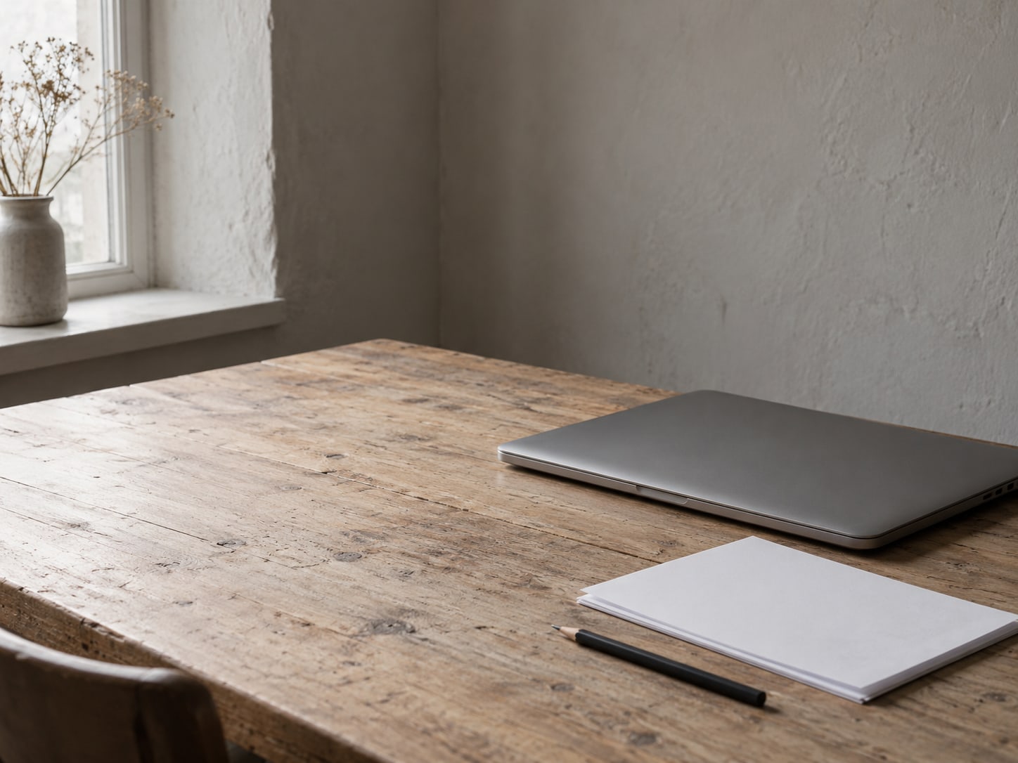 A closed laptop beside a small stack of blank papers and a pencil on a worn wooden desk.