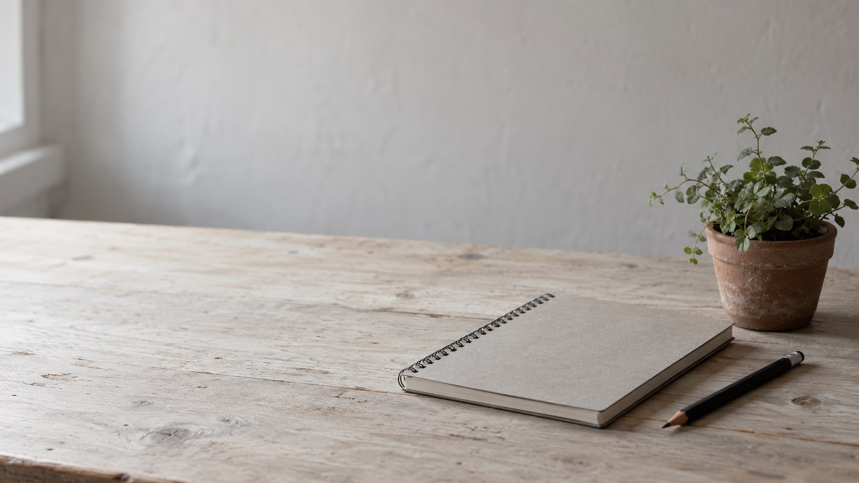 A closed spiral notebook, a pencil and a small potted plant on a sunlit wooden desk.
