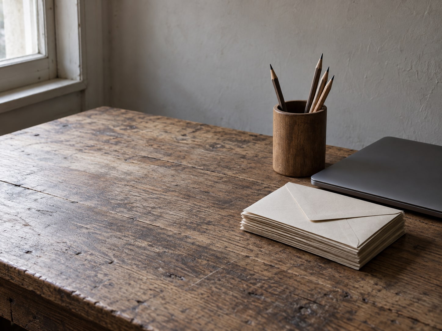 A wooden pencil cup and a stack of unopened envelopes beside a closed laptop on a worn desk.