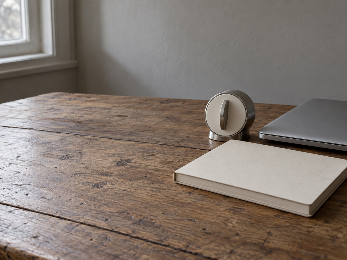 A kitchen timer and a plain notebook with blank pages beside a closed laptop on a desk.
