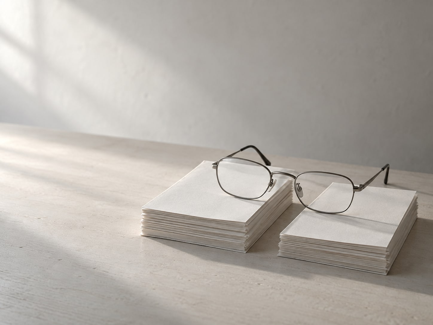 A pair of reading glasses resting on two separate stacks of blank paper on a clean table.