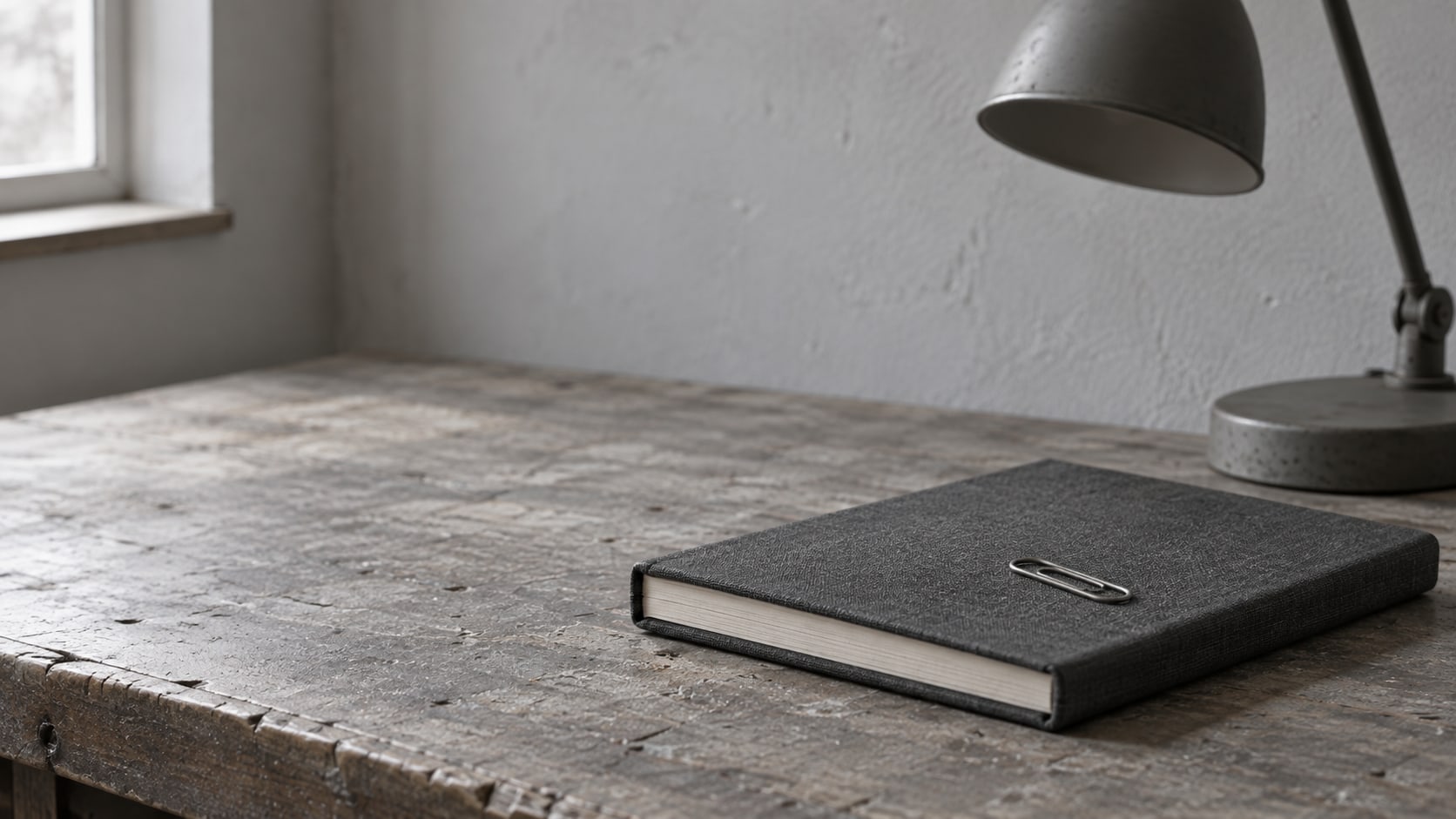 A closed notebook with a paperclip on the cover beside a switched-off desk lamp on a gray desk.