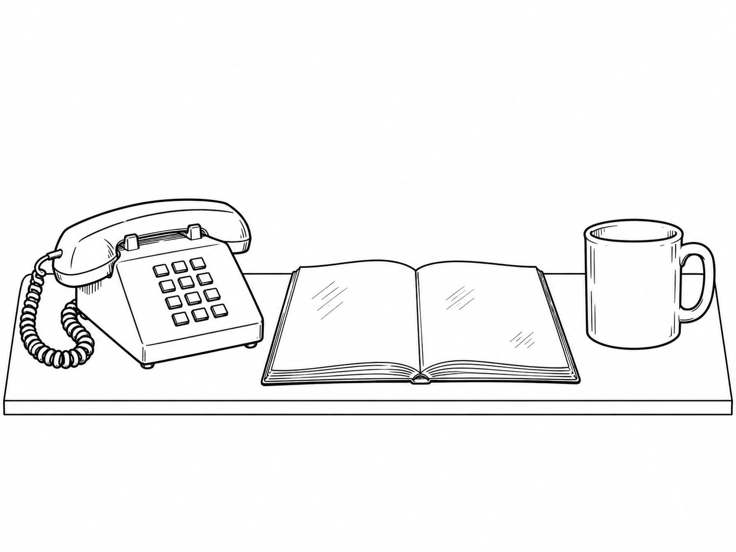 Un teléfono de escritorio junto a un cuaderno abierto con marcas de lápiz tenues y una taza sobre el mostrador de un taller.