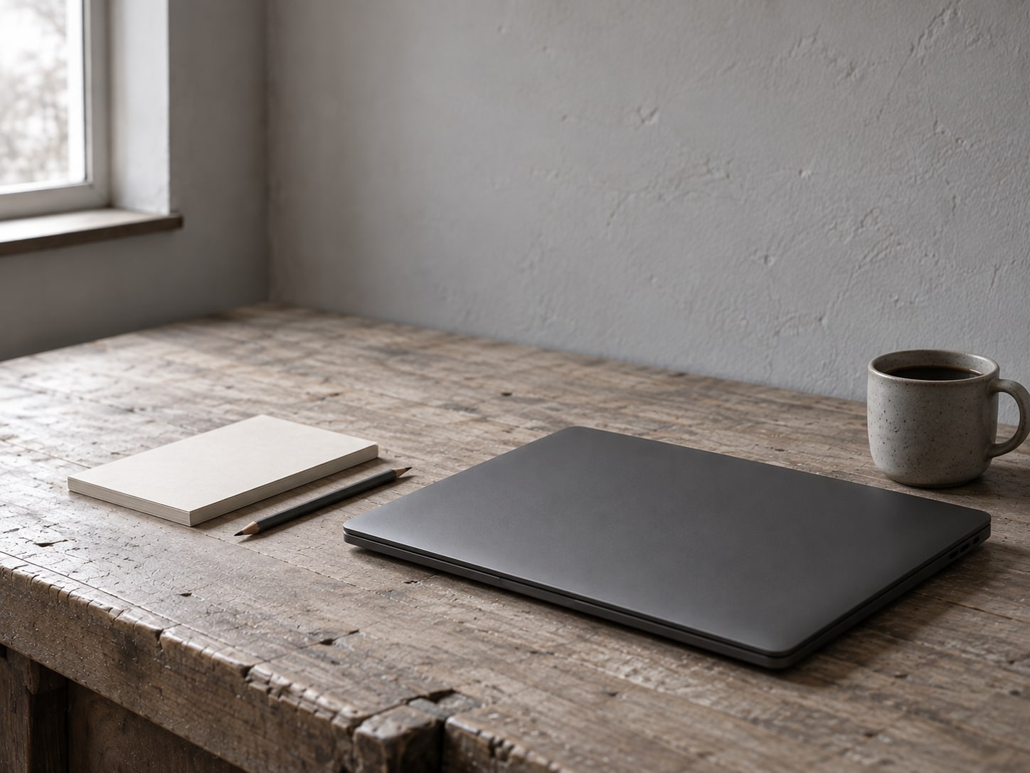 Una laptop cerrada sobre un escritorio de madera junto a un bloc de notas en blanco, un lápiz y una taza de café en la luz de la mañana.