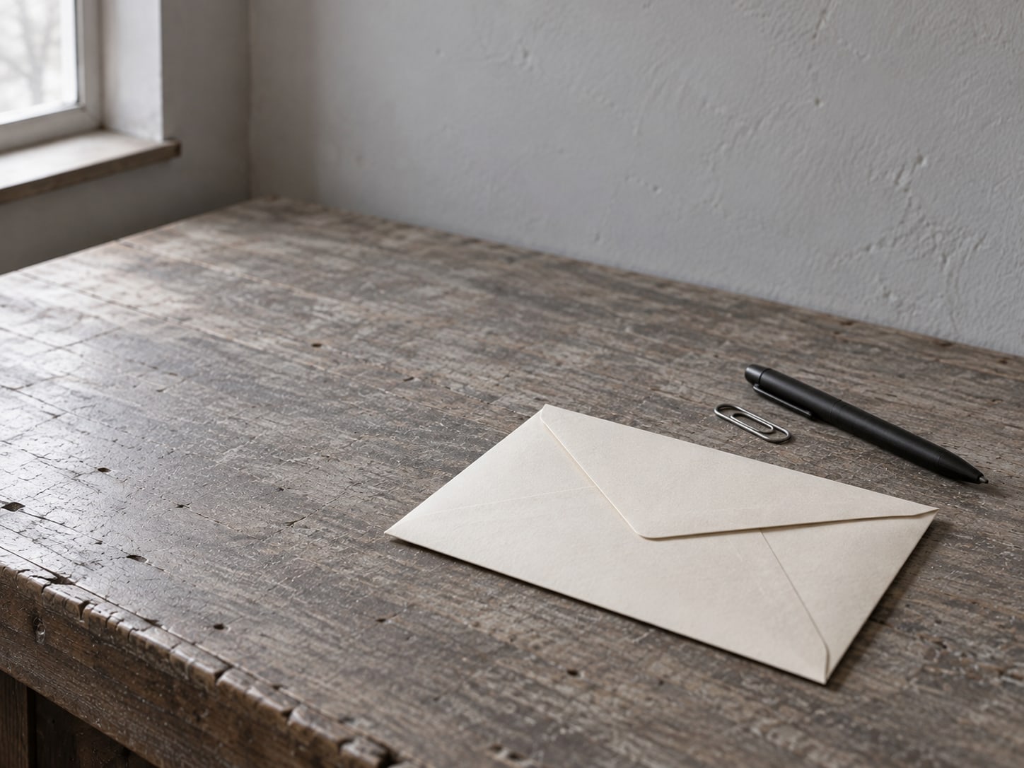 Un solo sobre sellado sobre un escritorio ordenado junto a un clip y un bolígrafo cerrado.