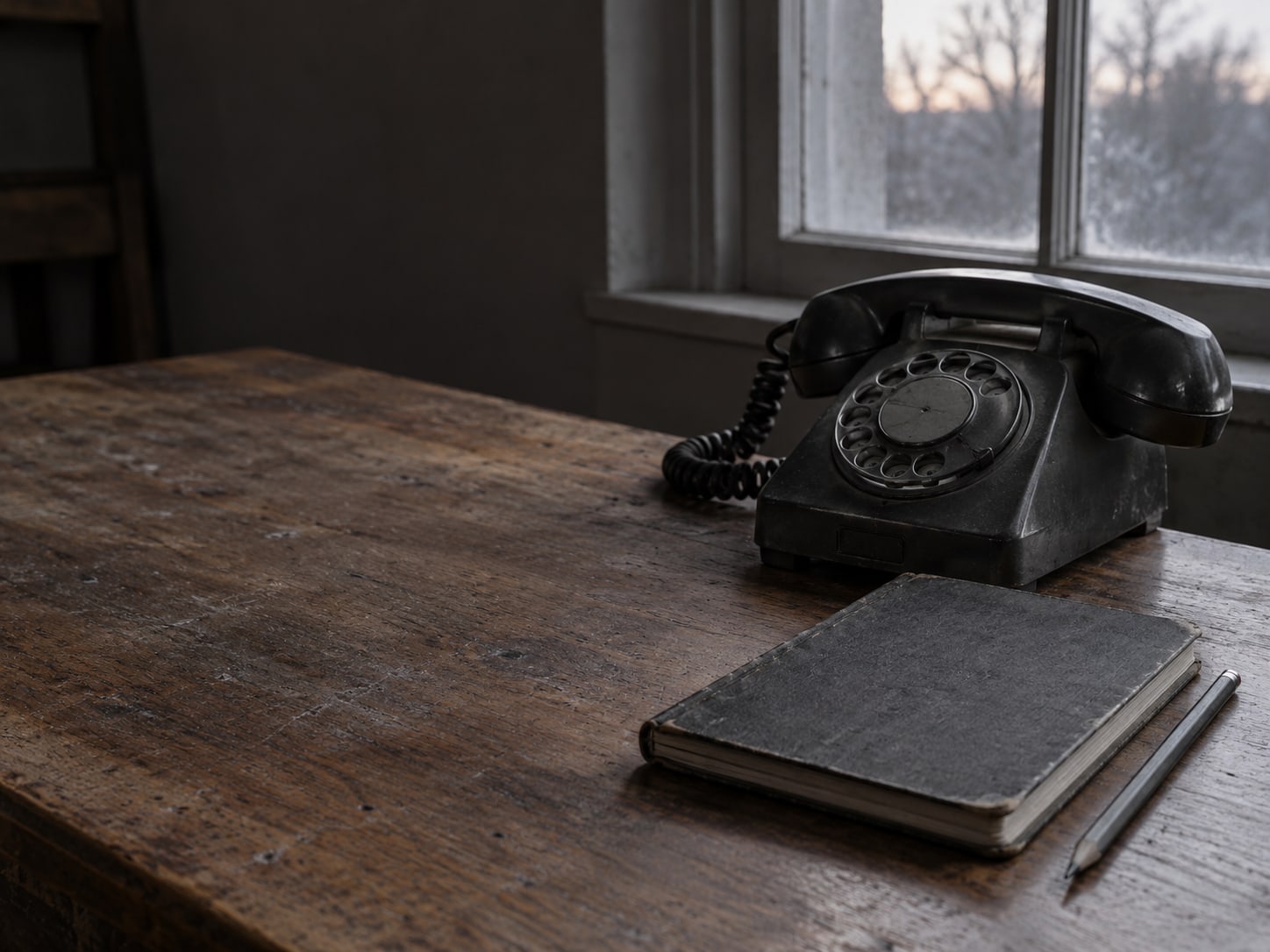 A desk phone on a wooden counter with a closed appointment book and a pencil beside it, in dim evening light.