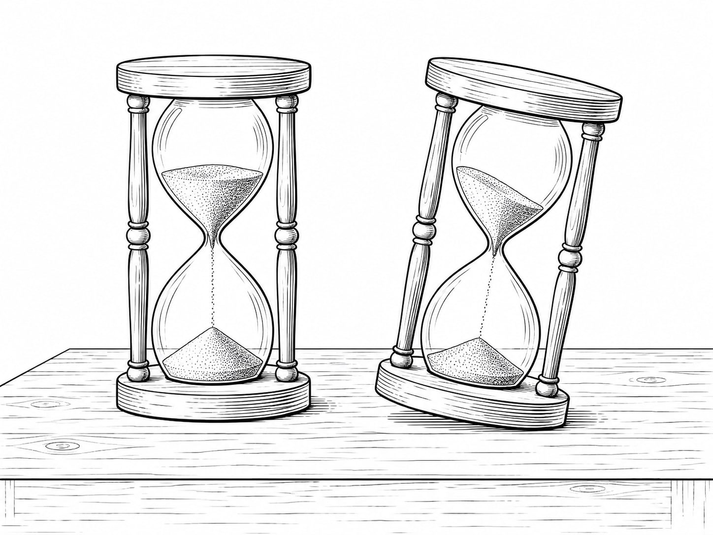 Two small brass hourglasses standing side by side on a wooden desk, one tipped slightly.
