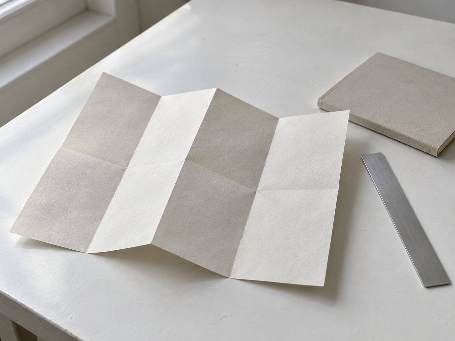 A folded paper map and a ruler lying next to a closed notebook on a white table in soft window light.