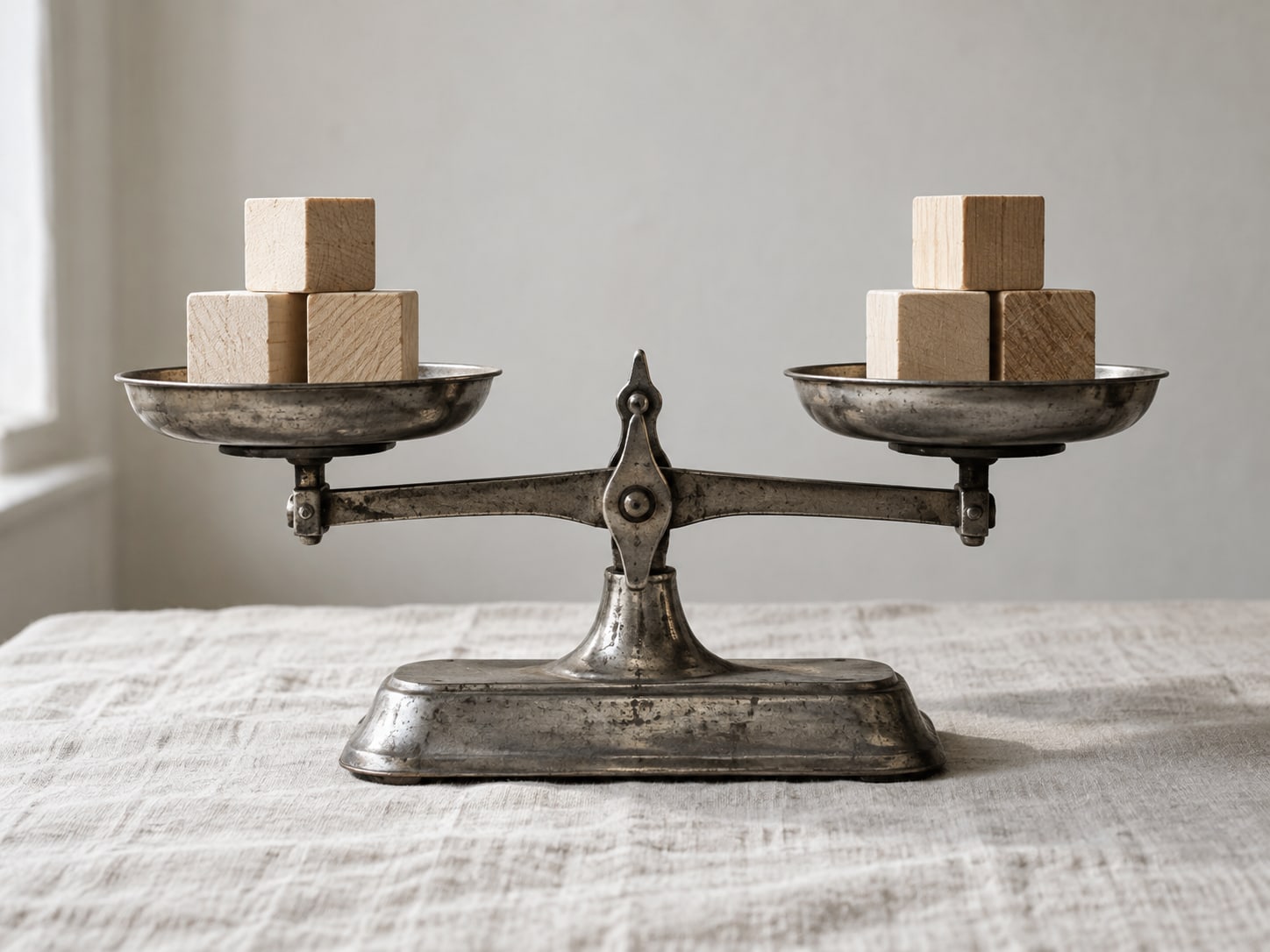 A kitchen scale holding two small stacks of plain wooden blocks on a pale linen tablecloth.
