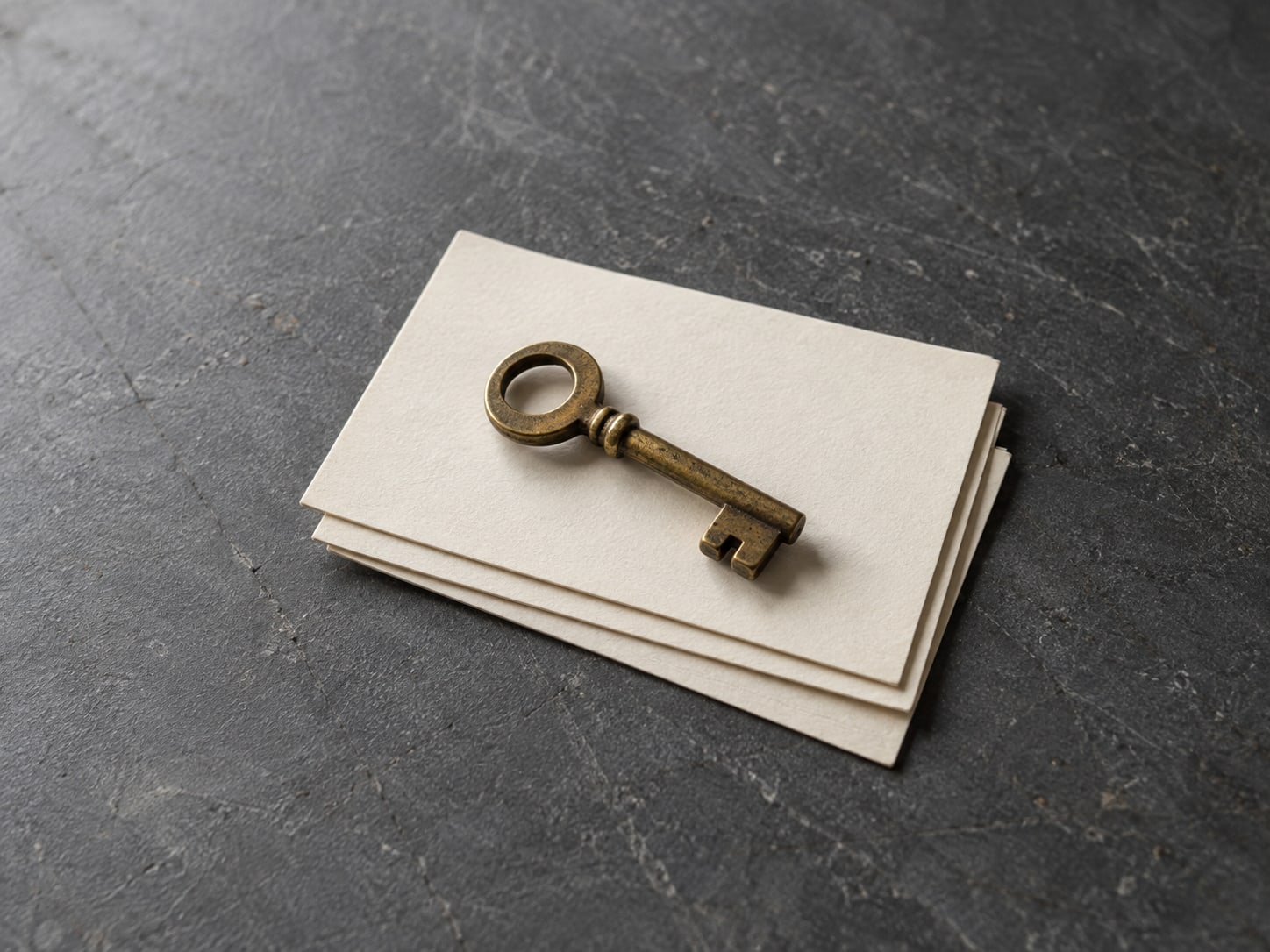 A small brass key resting on a stack of three blank index cards on a slate gray surface.