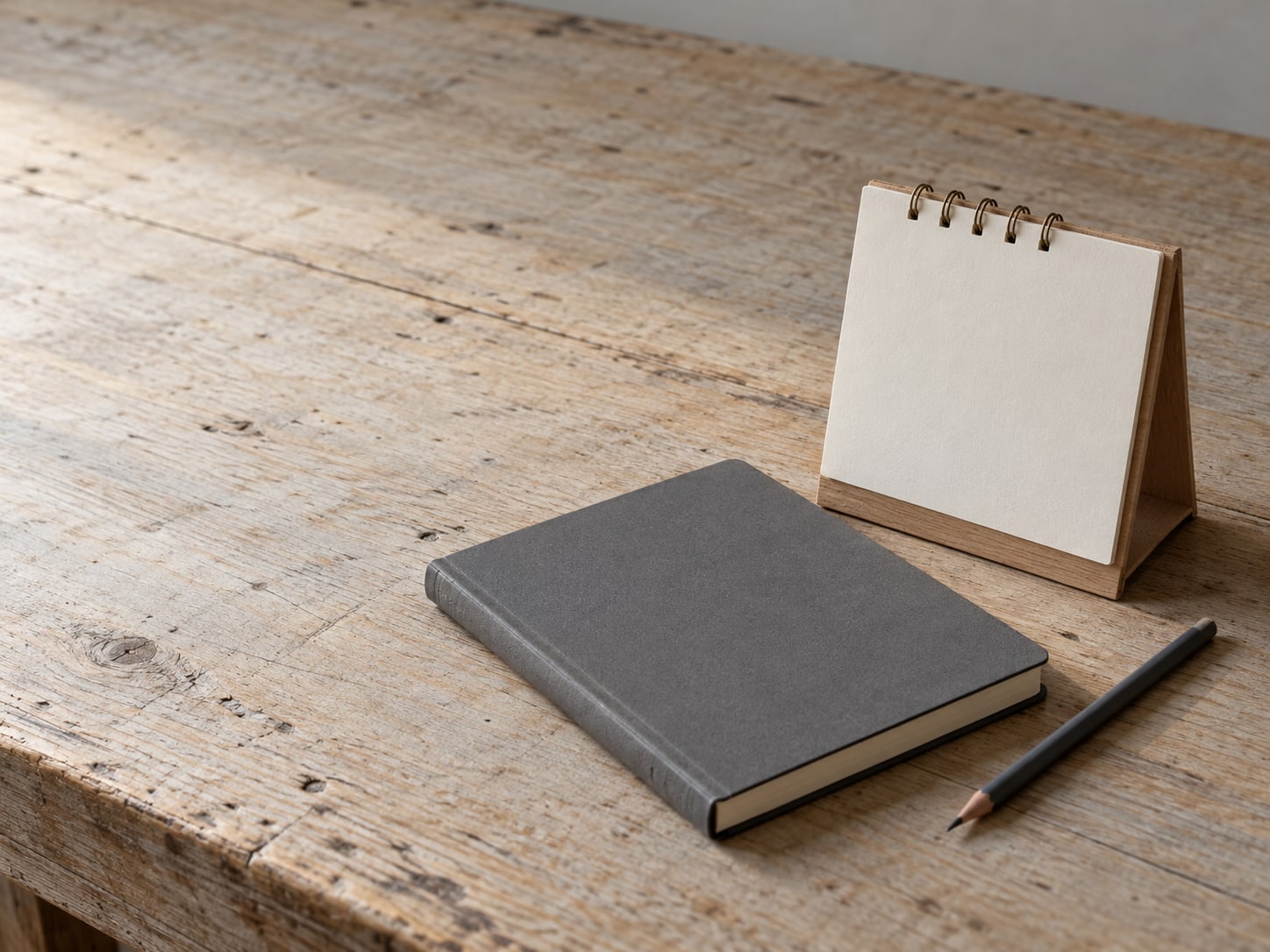 A wooden desk calendar standing open beside a closed notebook and a pencil, all in soft window light.
