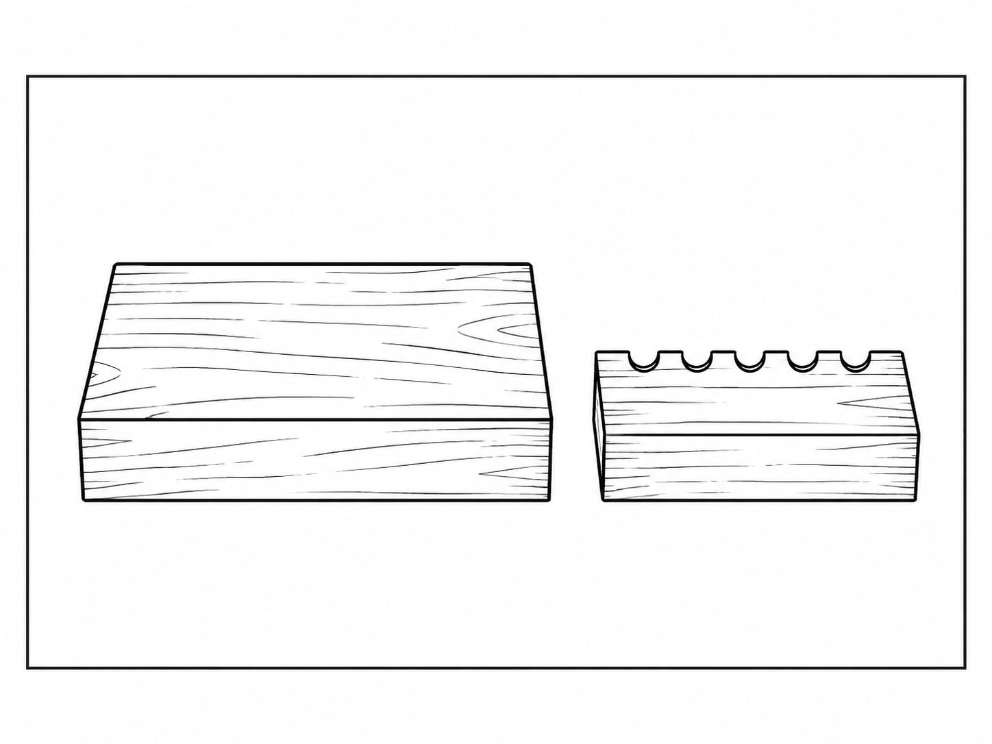 Two plain wooden blocks of different sizes side by side on a gray table, one with five small notches cut in its edge.