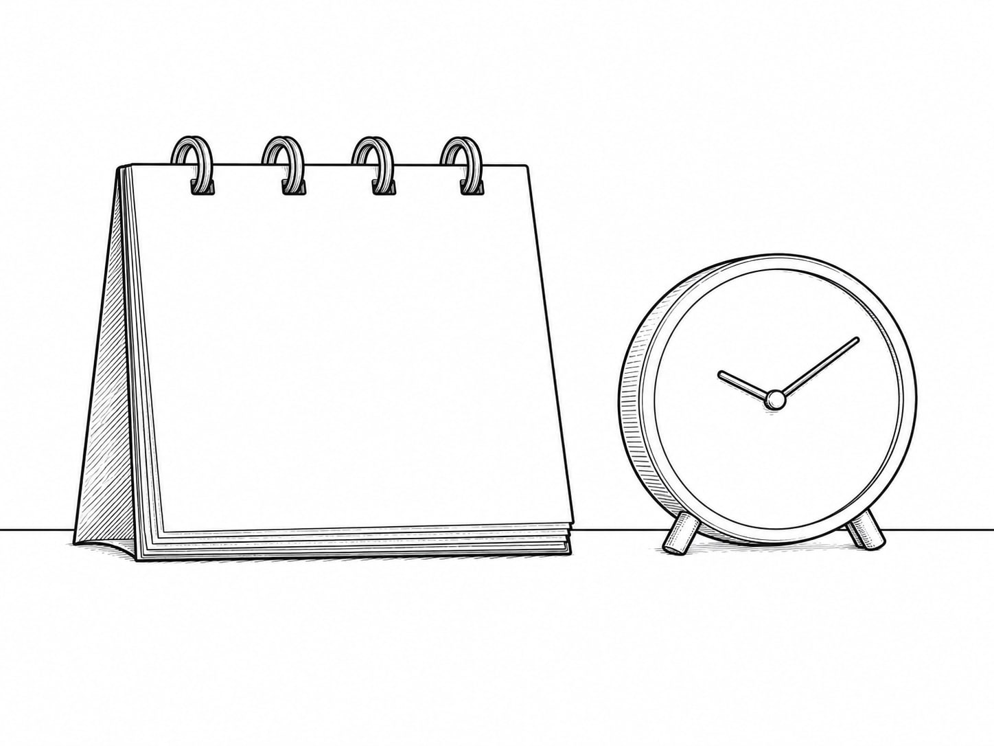 A closed paper calendar and a small clock lying side by side on a plain table.