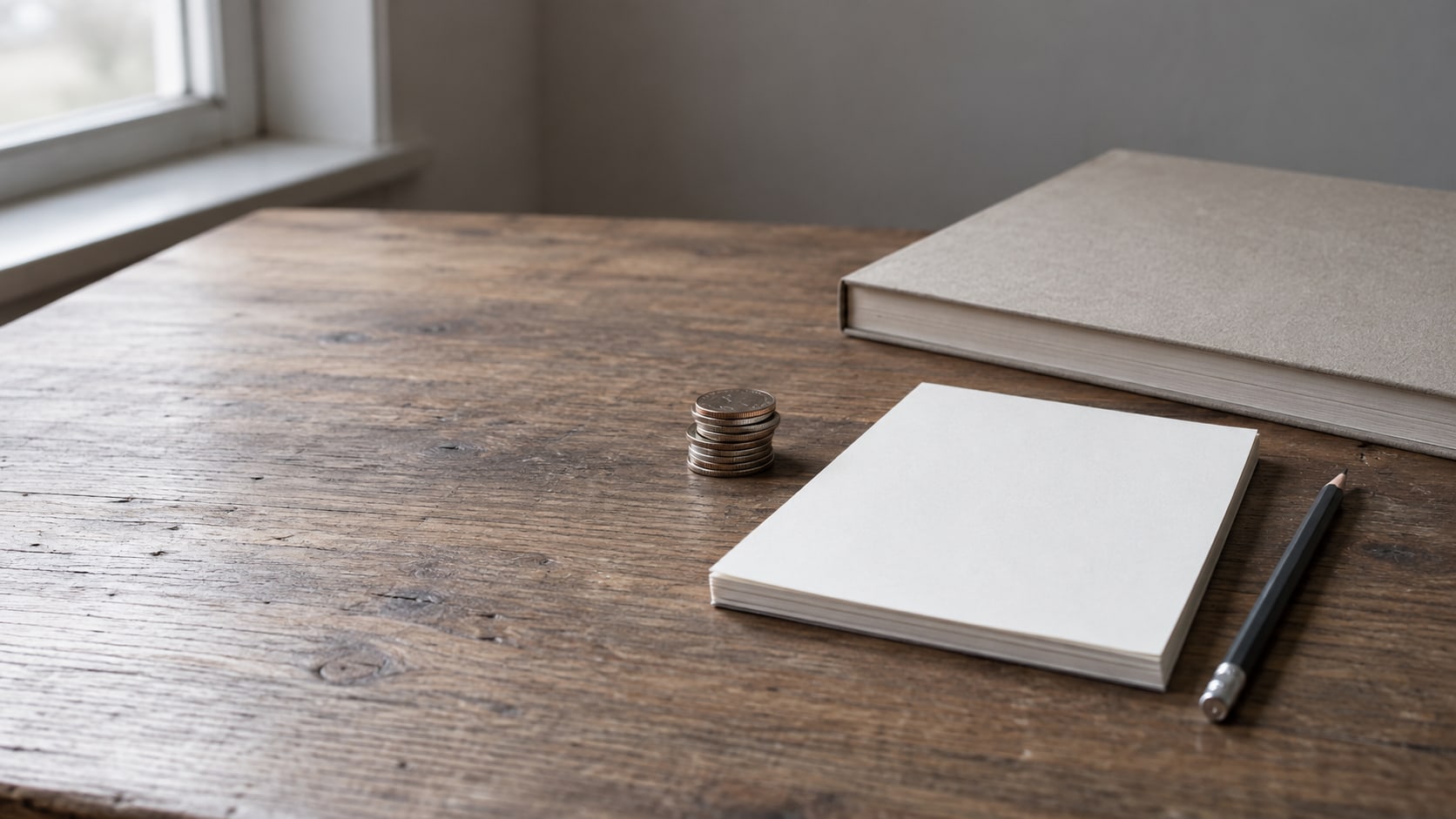 Una pequeña pila de monedas, un lápiz y un bloc en blanco sobre un escritorio de madera junto a un calendario de papel cerrado.