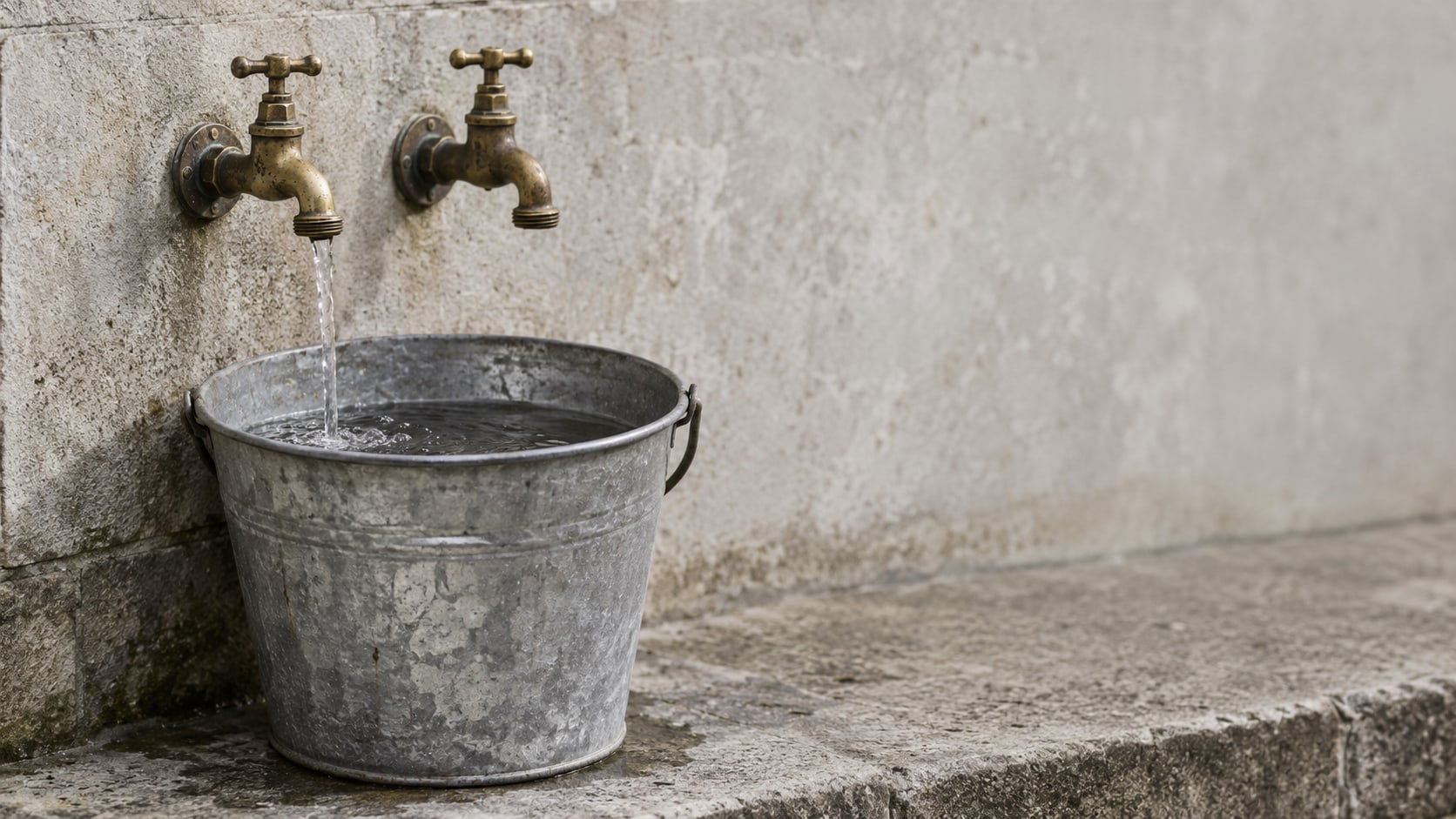 Two brass garden taps over a galvanized bucket on a stone step, one open a little and one closed.