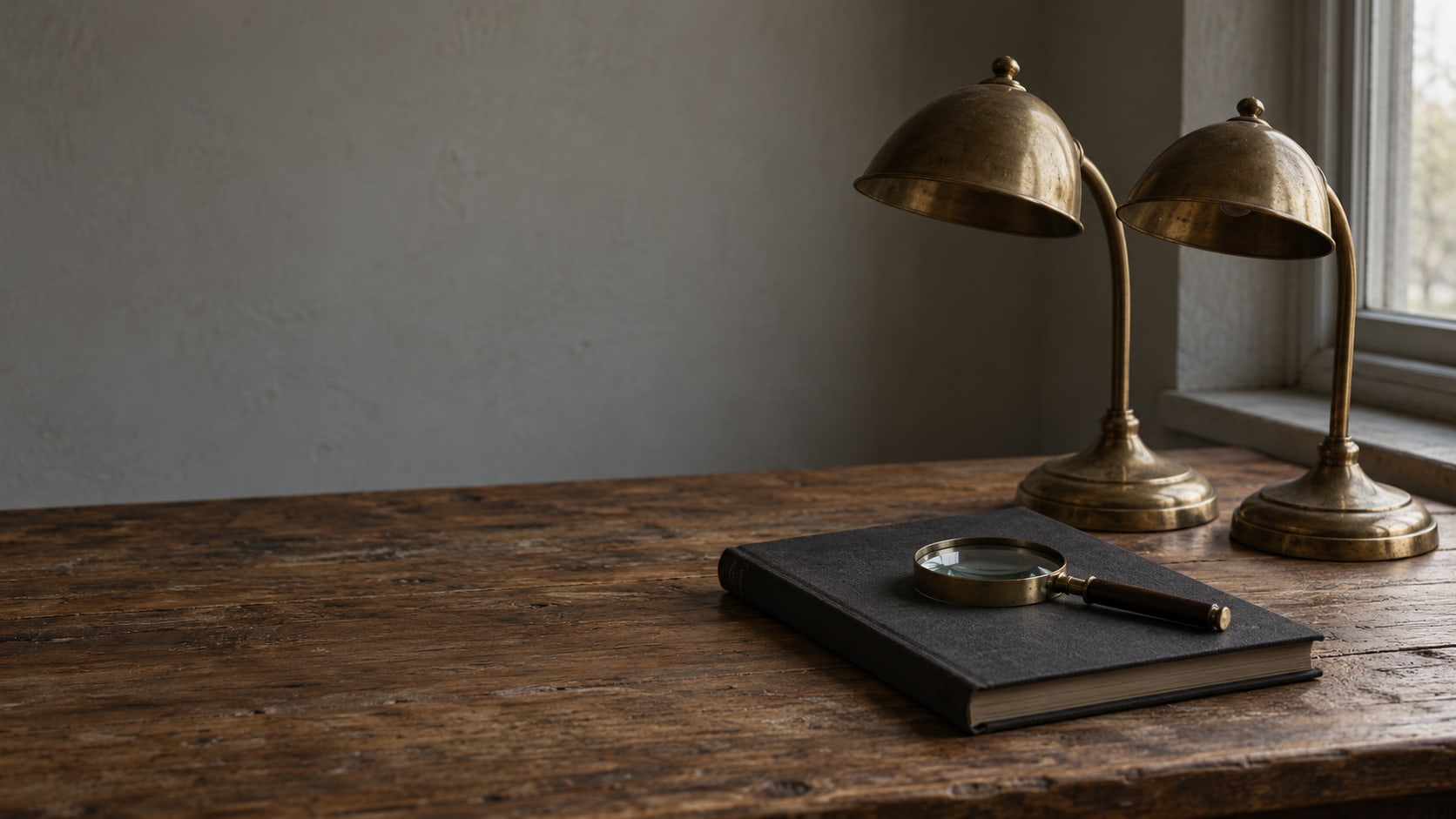 A magnifying glass resting on a closed ledger beside two unlit brass desk lamps on a wooden table.