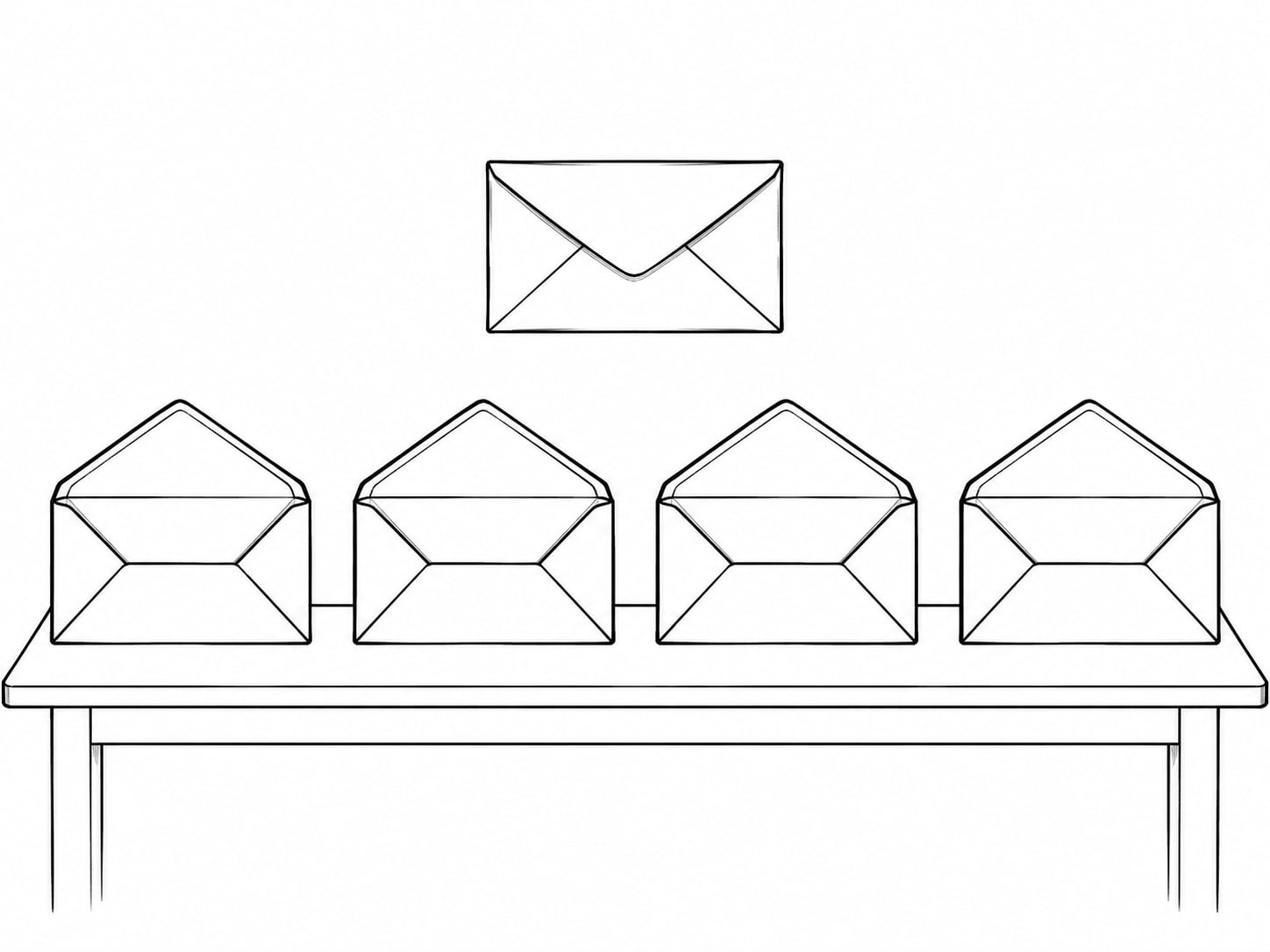 A neat row of small paper envelopes on a table, with one set apart and sealed while the rest lie open and empty.