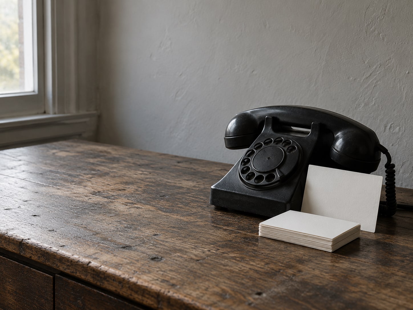 A single rotary phone beside a stack of blank index cards on a worn desk, one card standing upright against the receiver.
