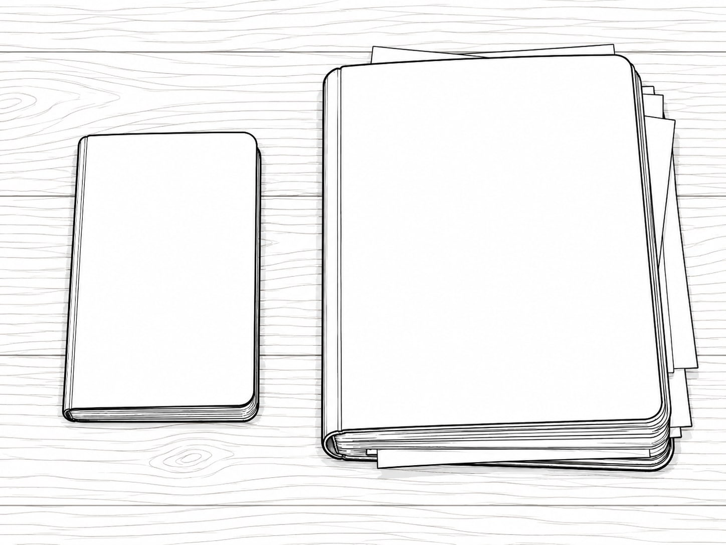 Two plain notebooks side by side on a wooden desk, one thin and neatly kept, the other thick with loose pages tucked inside.