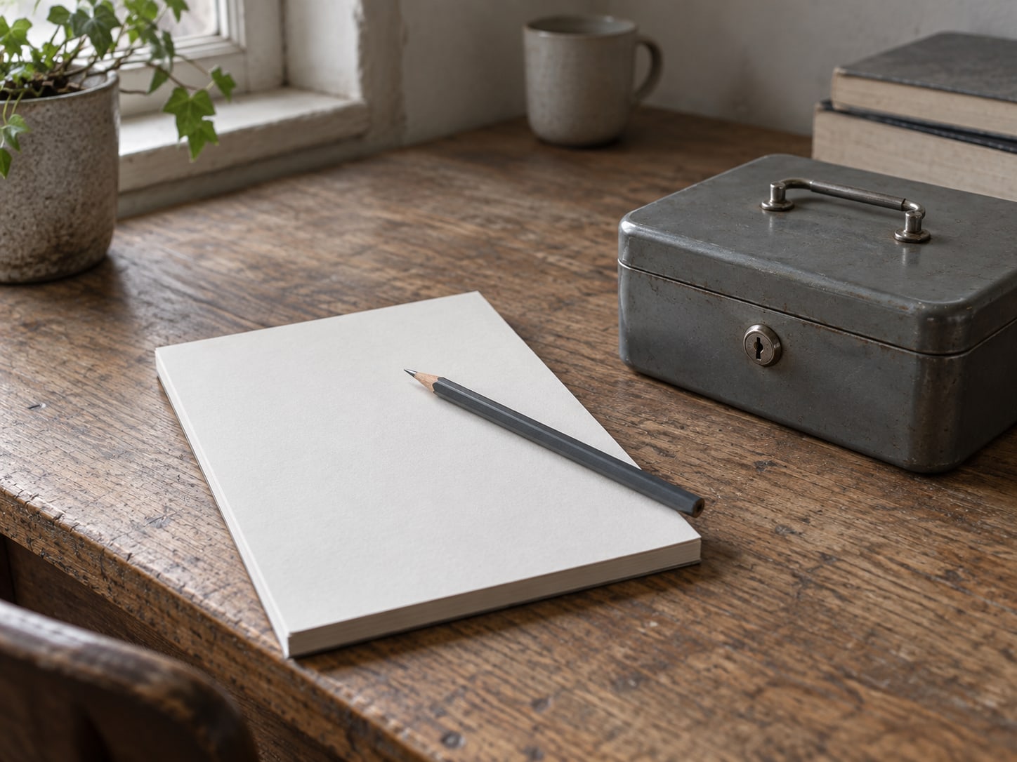 A worn wooden desk with a pencil lying across a blank notepad beside a small closed cash box.