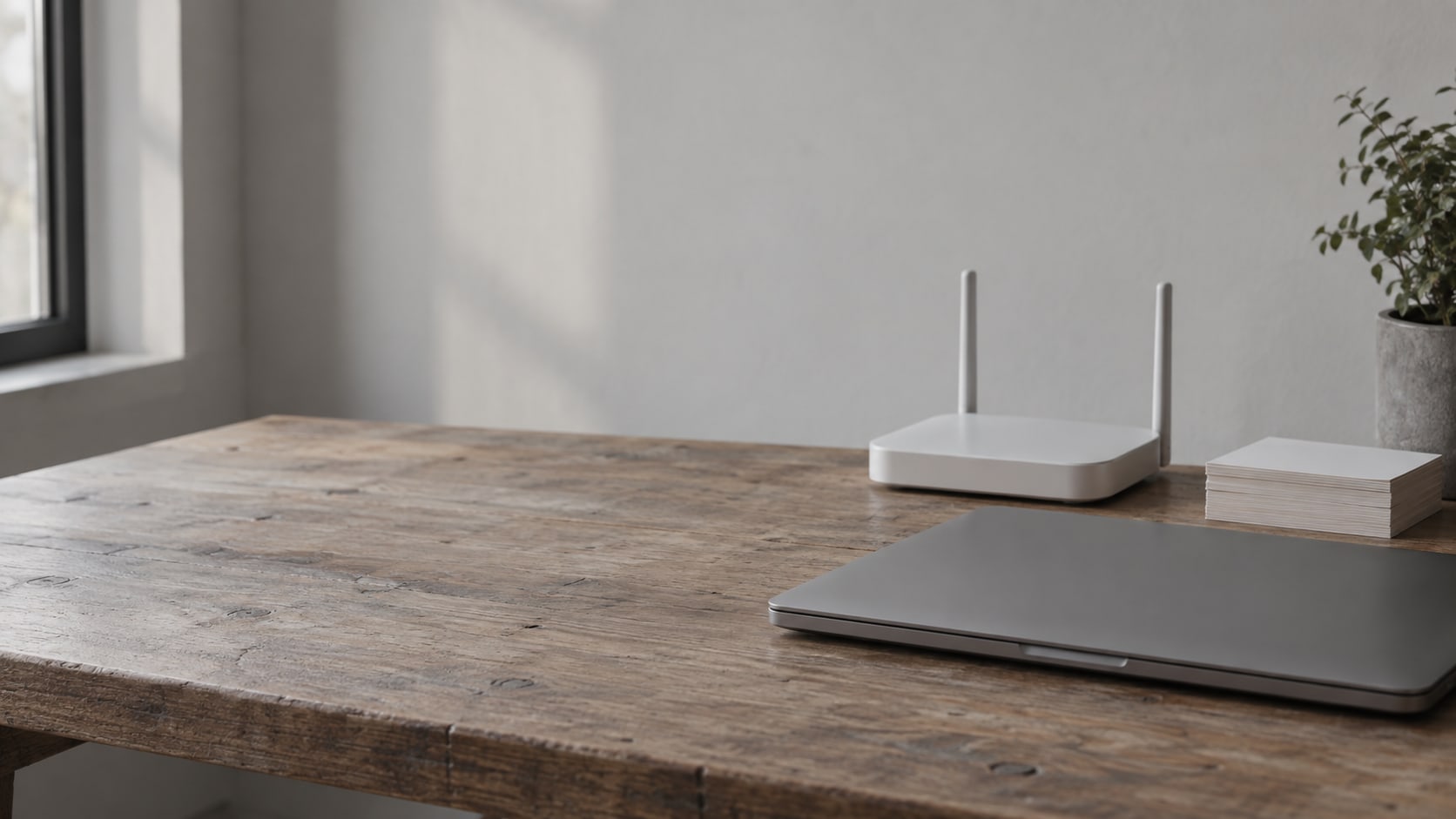 A small network router and a closed laptop on a wooden desk beside a short stack of blank index cards.